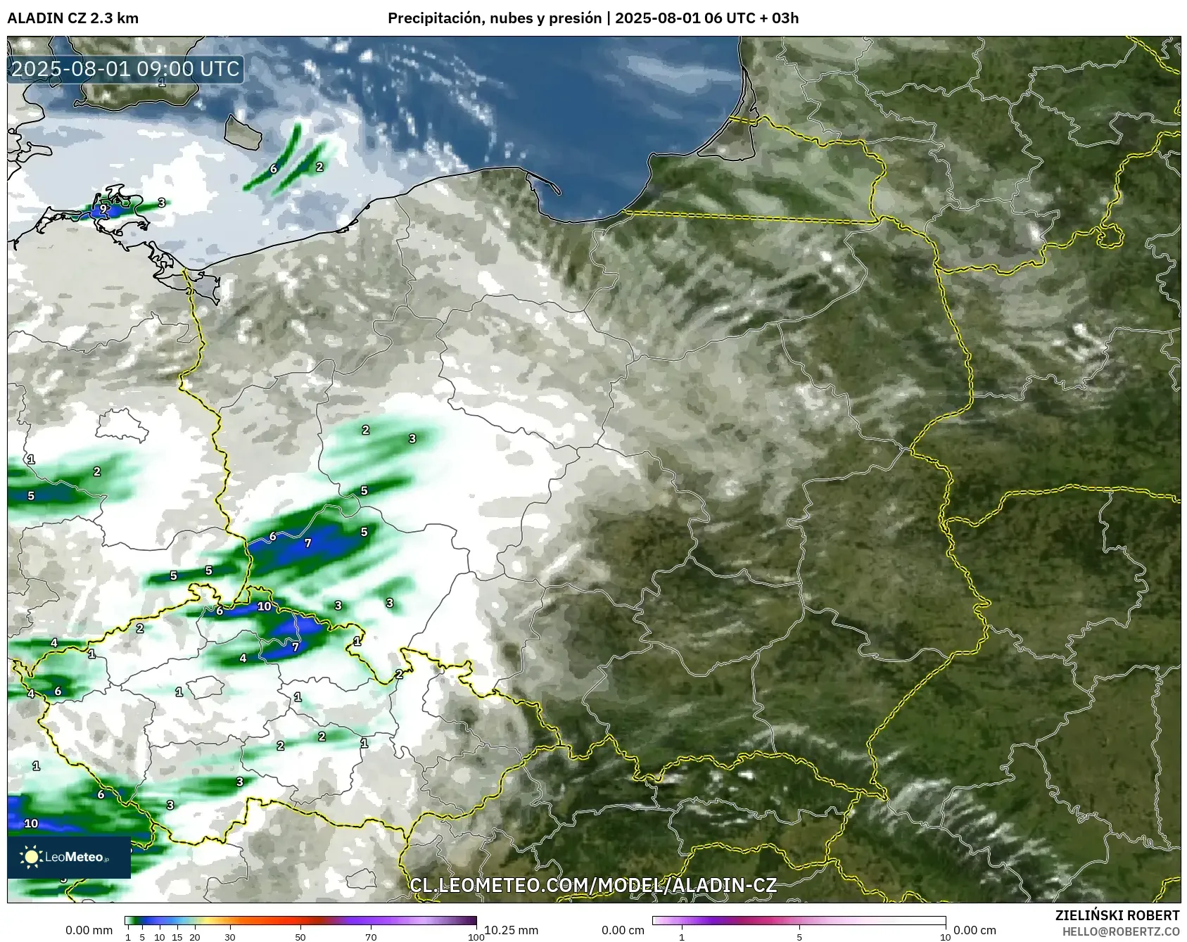 ALADIN CZ 2.3 km model - Polonia, Precipitación, nubes y presión