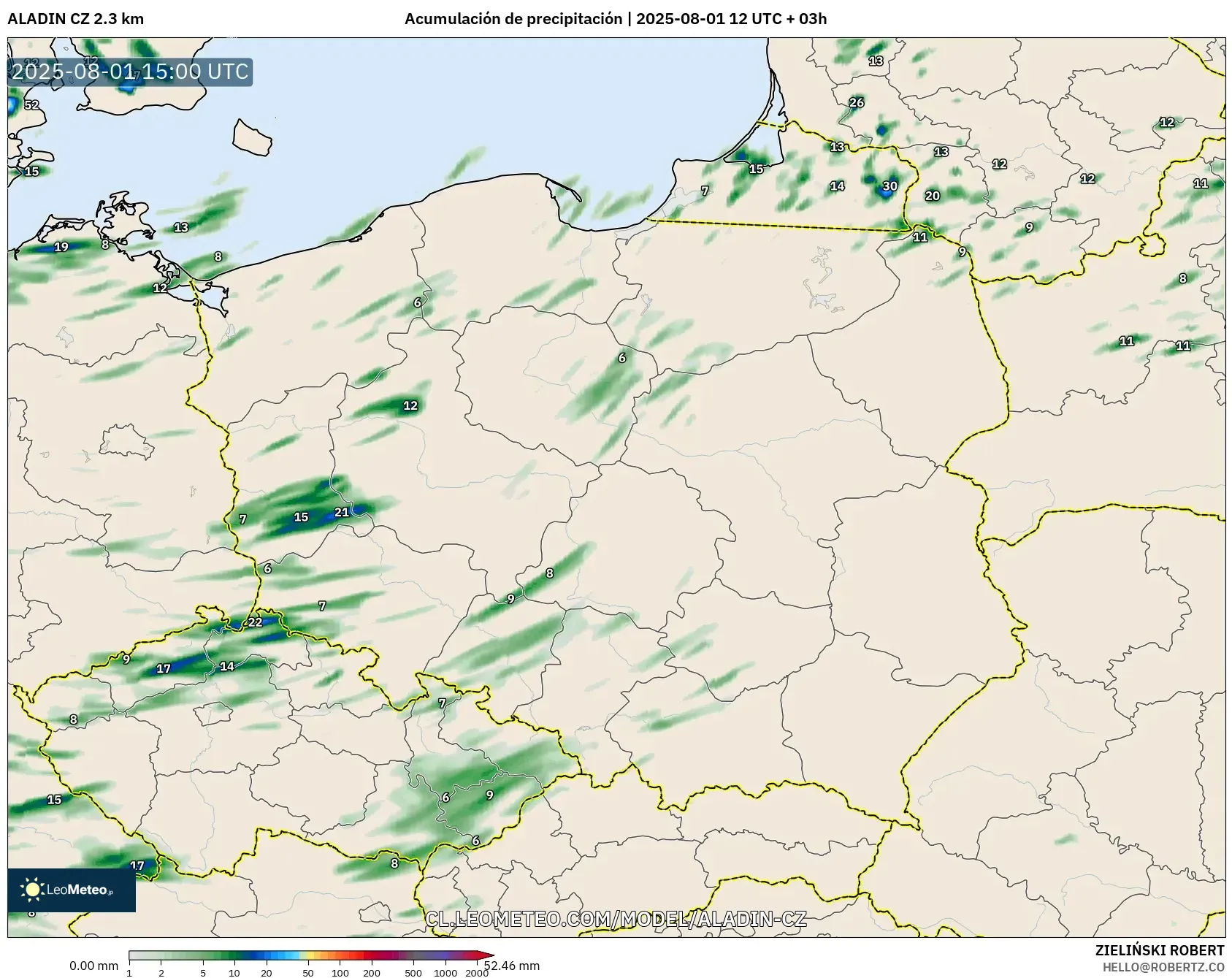 ALADIN CZ 2.3 km model - Polonia, Acumulación de precipitación ALADIN CZ 2.3 km model - Polonia, Acumulación de precipitación