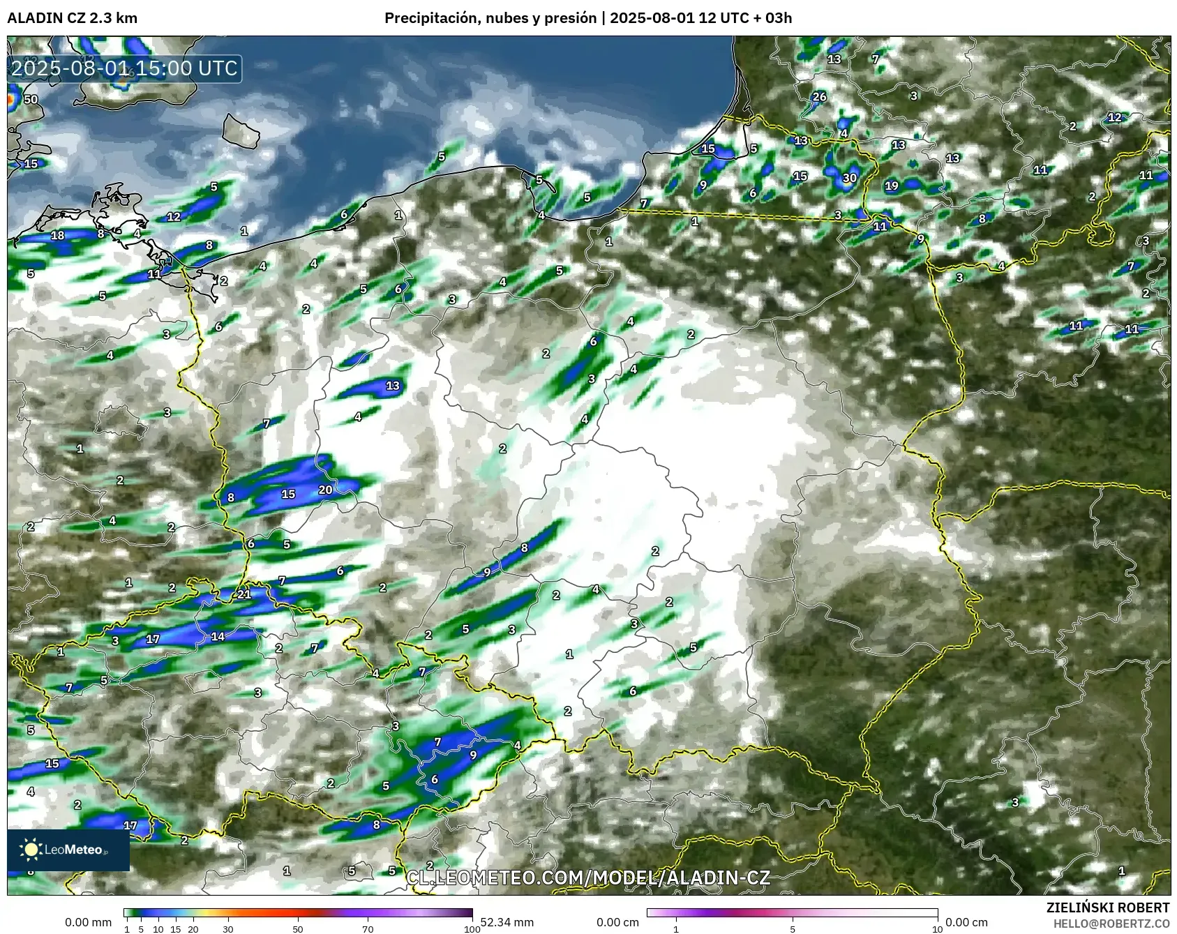ALADIN CZ 2.3 km model - Polonia, Precipitación, nubes y presión ALADIN CZ 2.3 km model - Polonia, Precipitación, nubes y presión