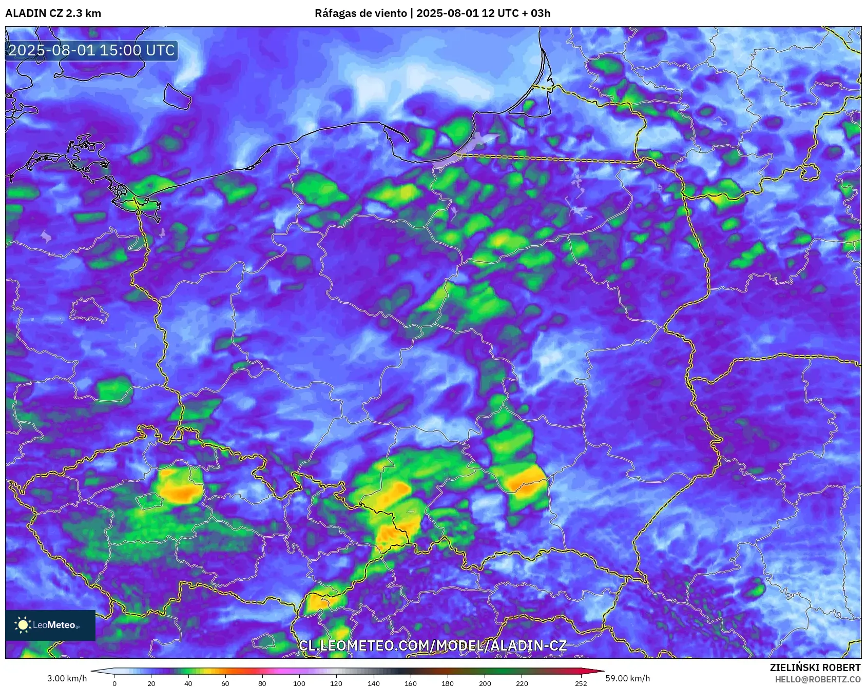 ALADIN CZ 2.3 km model - Polonia, Ráfagas de viento ALADIN CZ 2.3 km model - Polonia, Ráfagas de viento