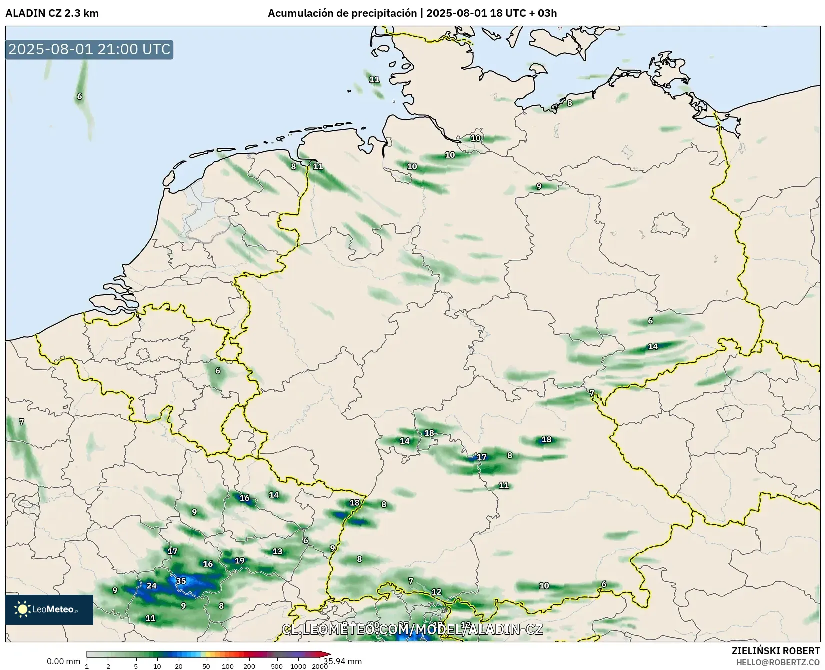 ALADIN CZ 2.3 km model - Alemania, Acumulación de precipitación