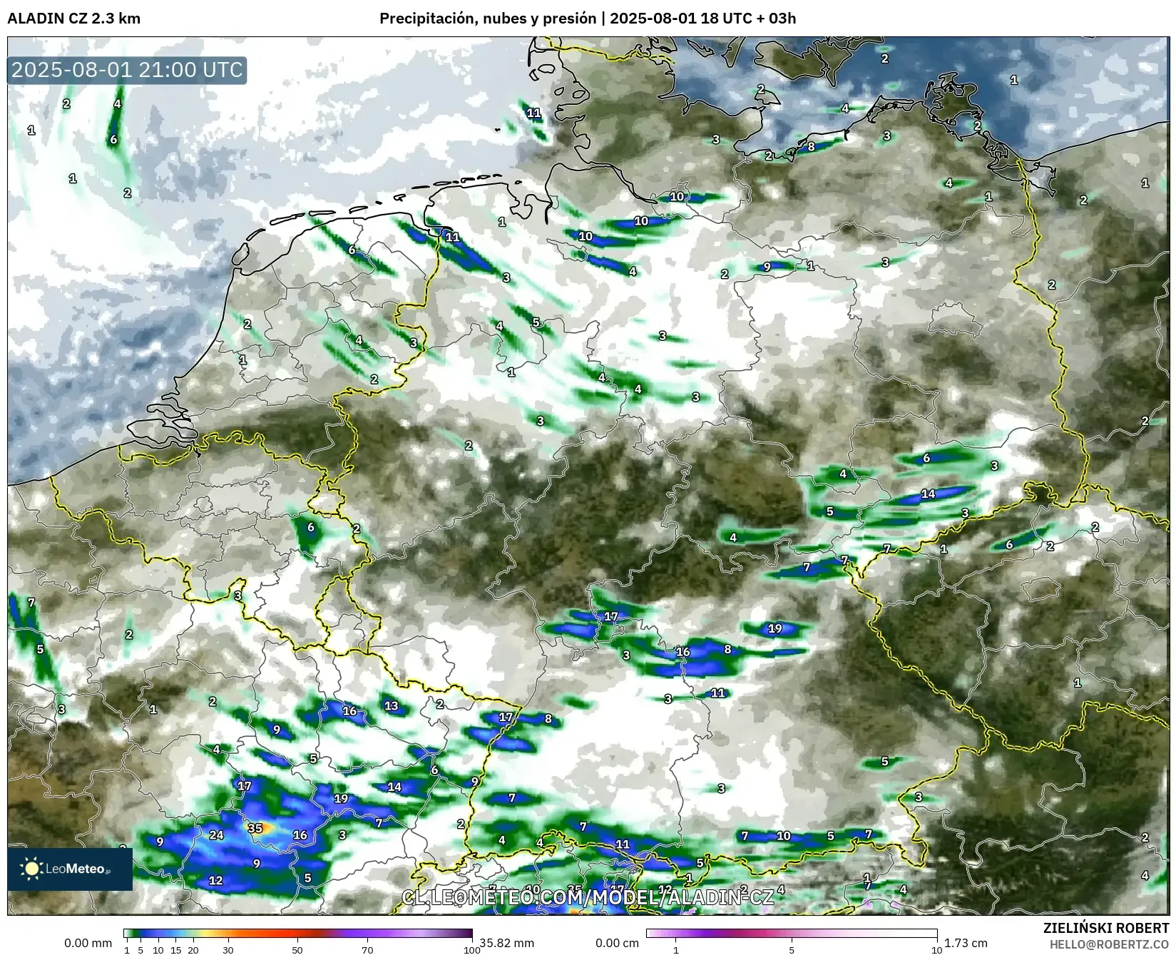 ALADIN CZ 2.3 km model - Alemania, Precipitación, nubes y presión ALADIN CZ 2.3 km model - Alemania, Precipitación, nubes y presión
