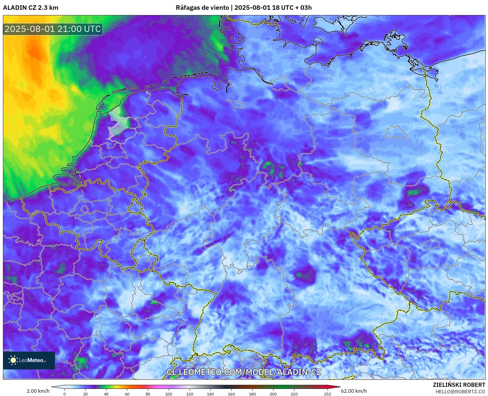 ALADIN CZ 2.3 km model - Alemania, Ráfagas de viento ALADIN CZ 2.3 km model - Alemania, Ráfagas de viento