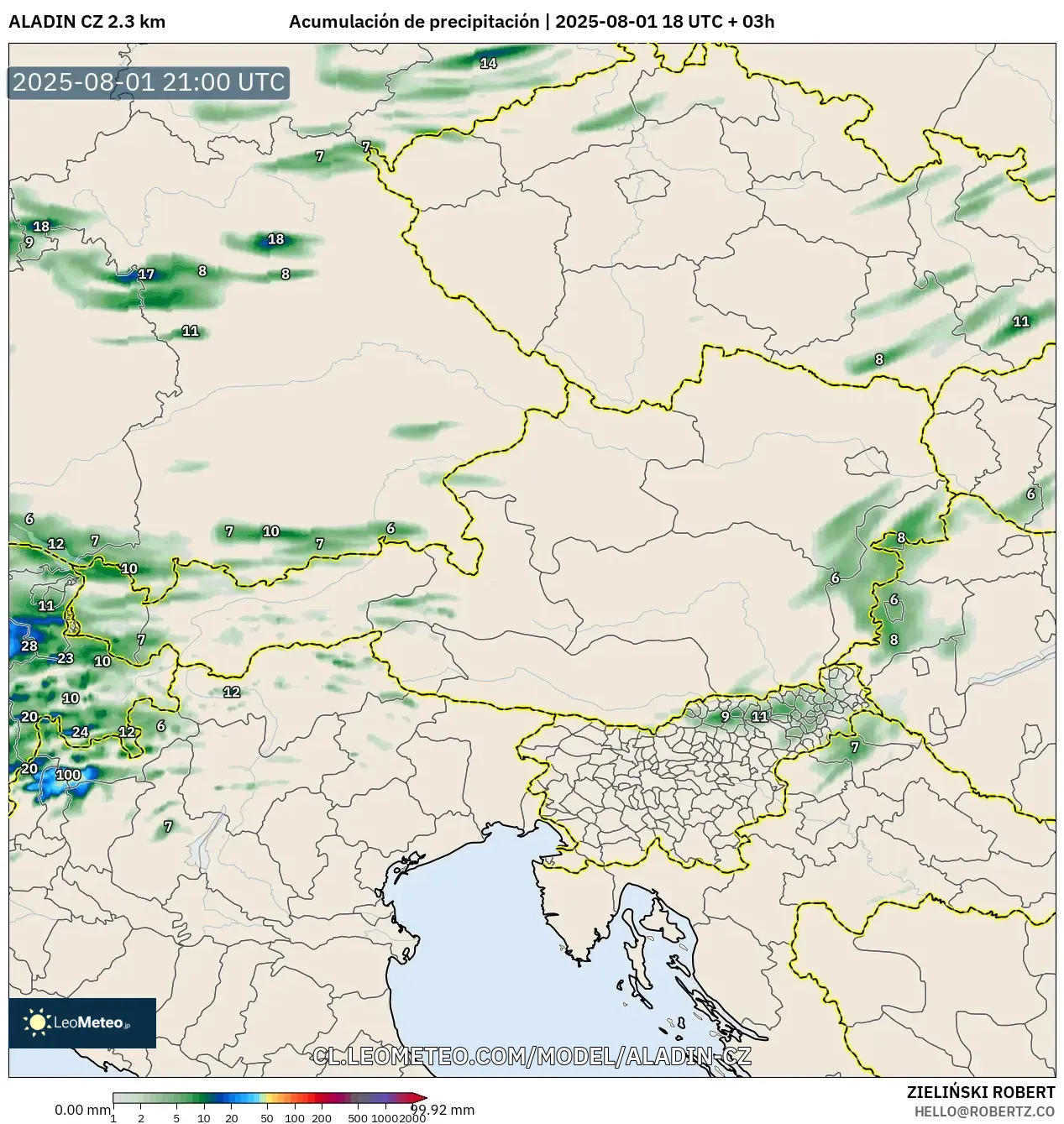 ALADIN CZ 2.3 km model - Austria, Acumulación de precipitación
