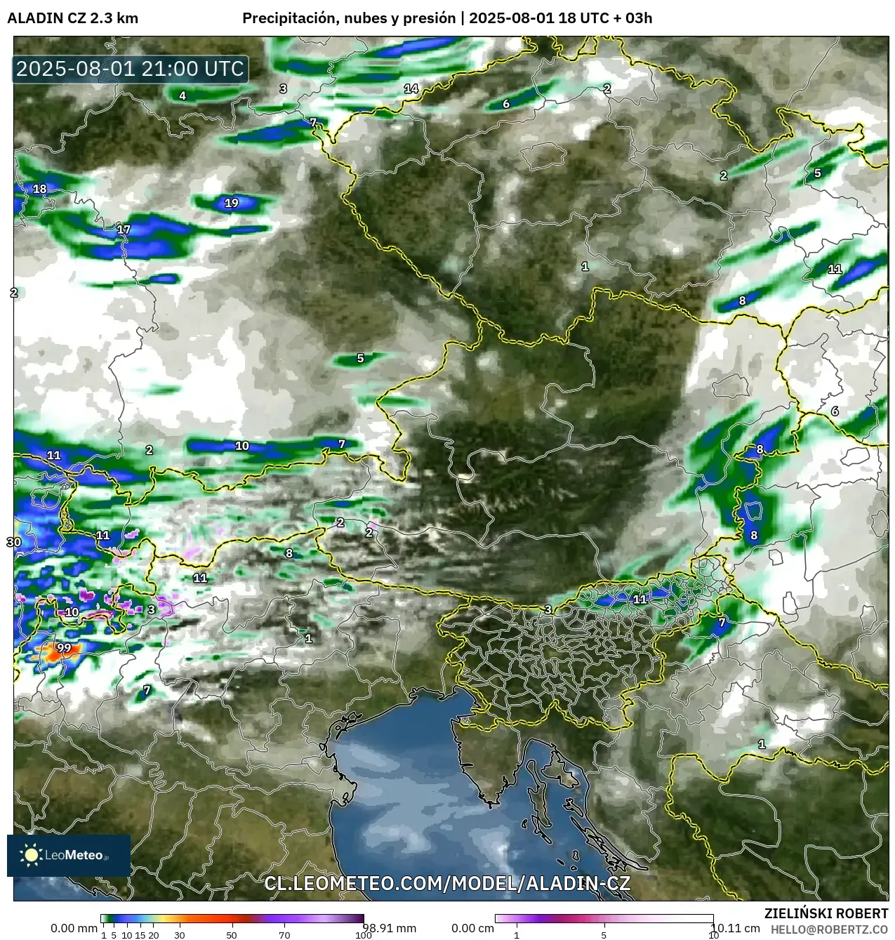 ALADIN CZ 2.3 km model - Austria, Precipitación, nubes y presión ALADIN CZ 2.3 km model - Austria, Precipitación, nubes y presión
