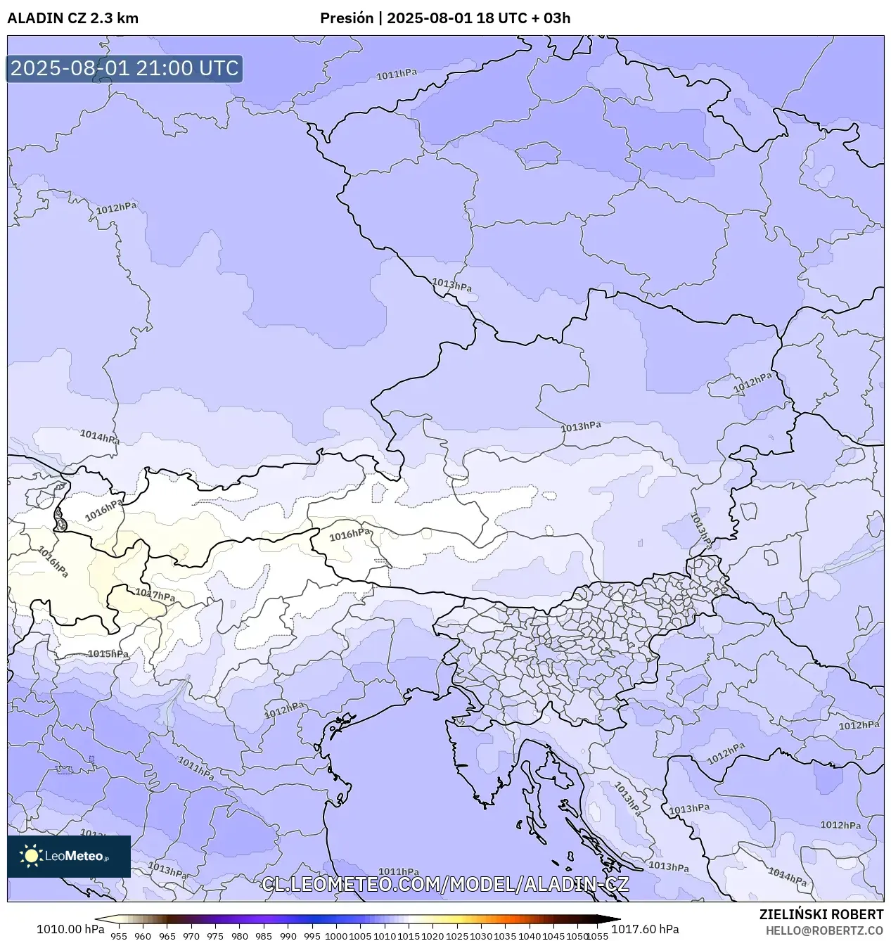 ALADIN CZ 2.3 km model - Austria, Presión ALADIN CZ 2.3 km model - Austria, Presión