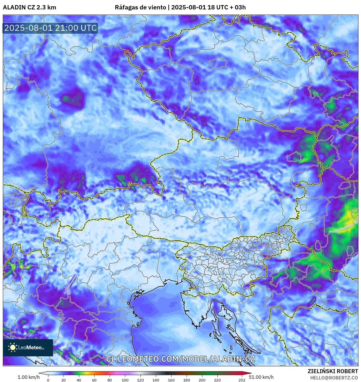 ALADIN CZ 2.3 km model - Austria, Ráfagas de viento ALADIN CZ 2.3 km model - Austria, Ráfagas de viento