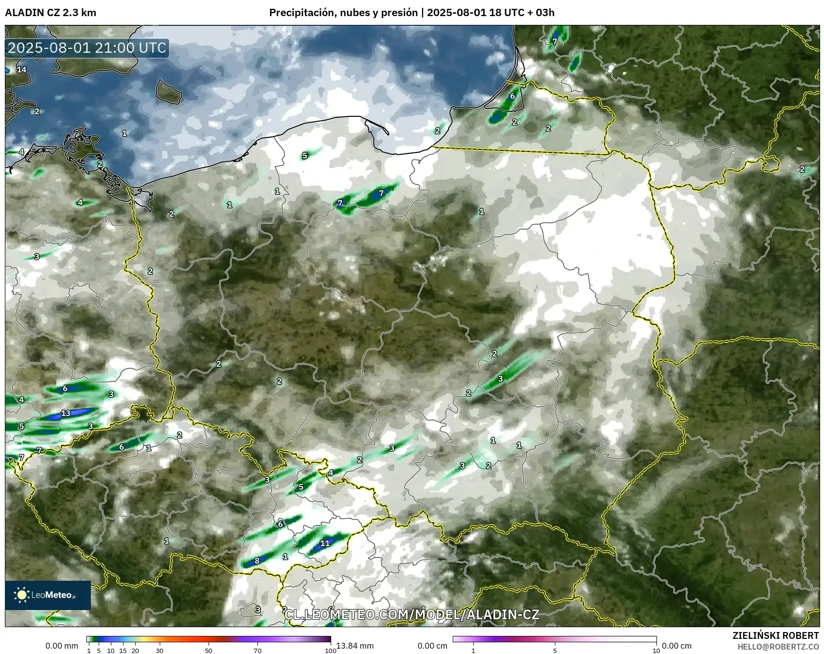 ALADIN CZ 2.3 km model - Polonia, Precipitación, nubes y presión ALADIN CZ 2.3 km model - Polonia, Precipitación, nubes y presión