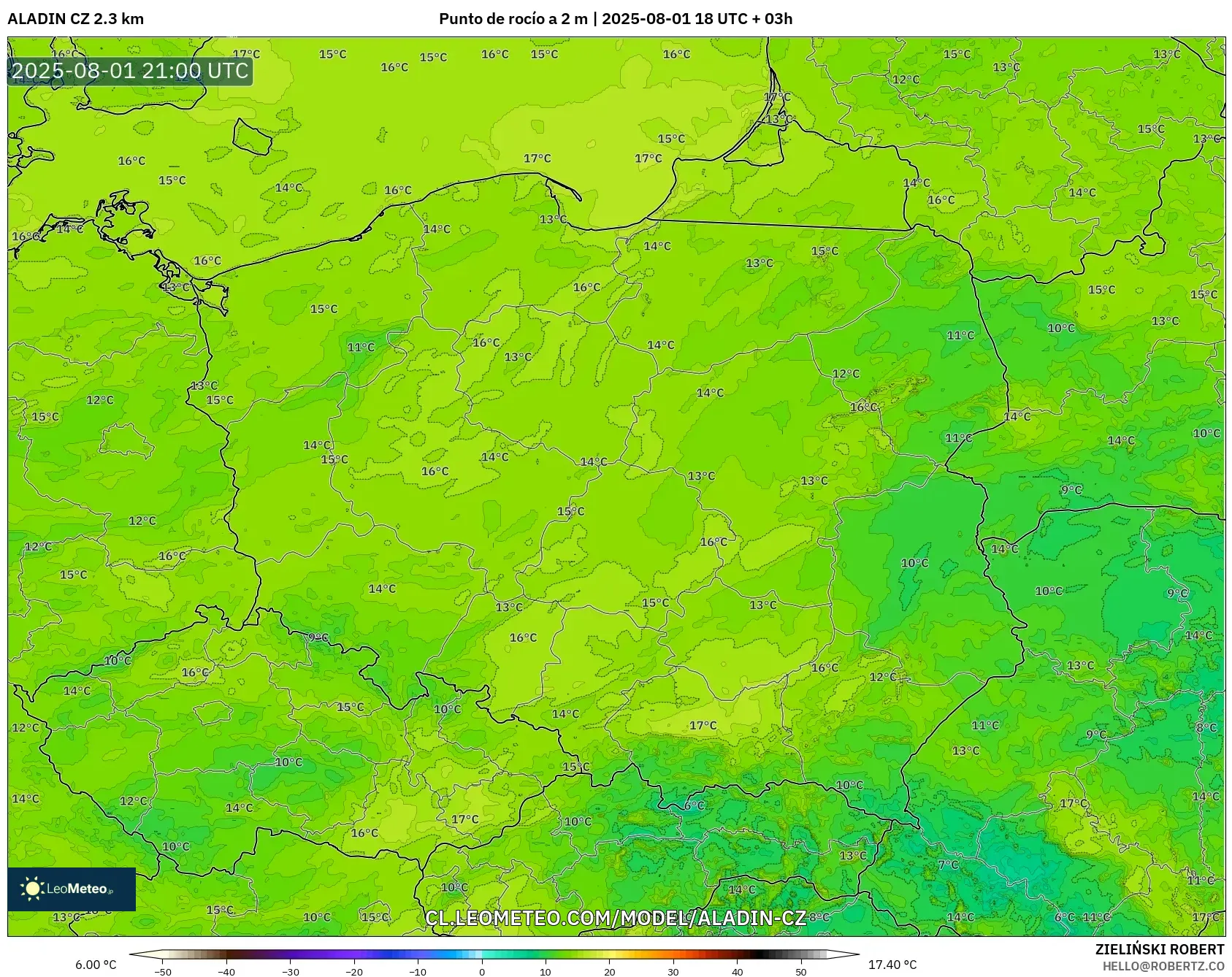 ALADIN CZ 2.3 km model - Polonia, Punto de rocío a 2 m ALADIN CZ 2.3 km model - Polonia, Punto de rocío a 2 m