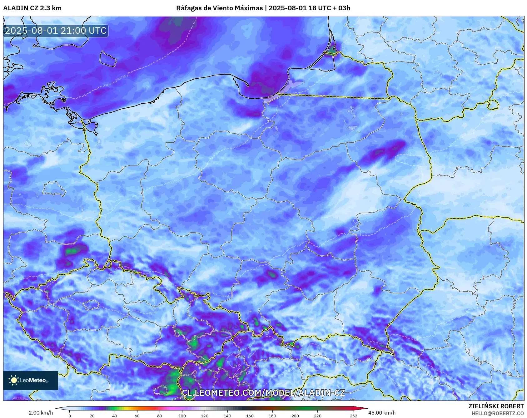 ALADIN CZ 2.3 km model - Polonia, Ráfagas de Viento Máximas