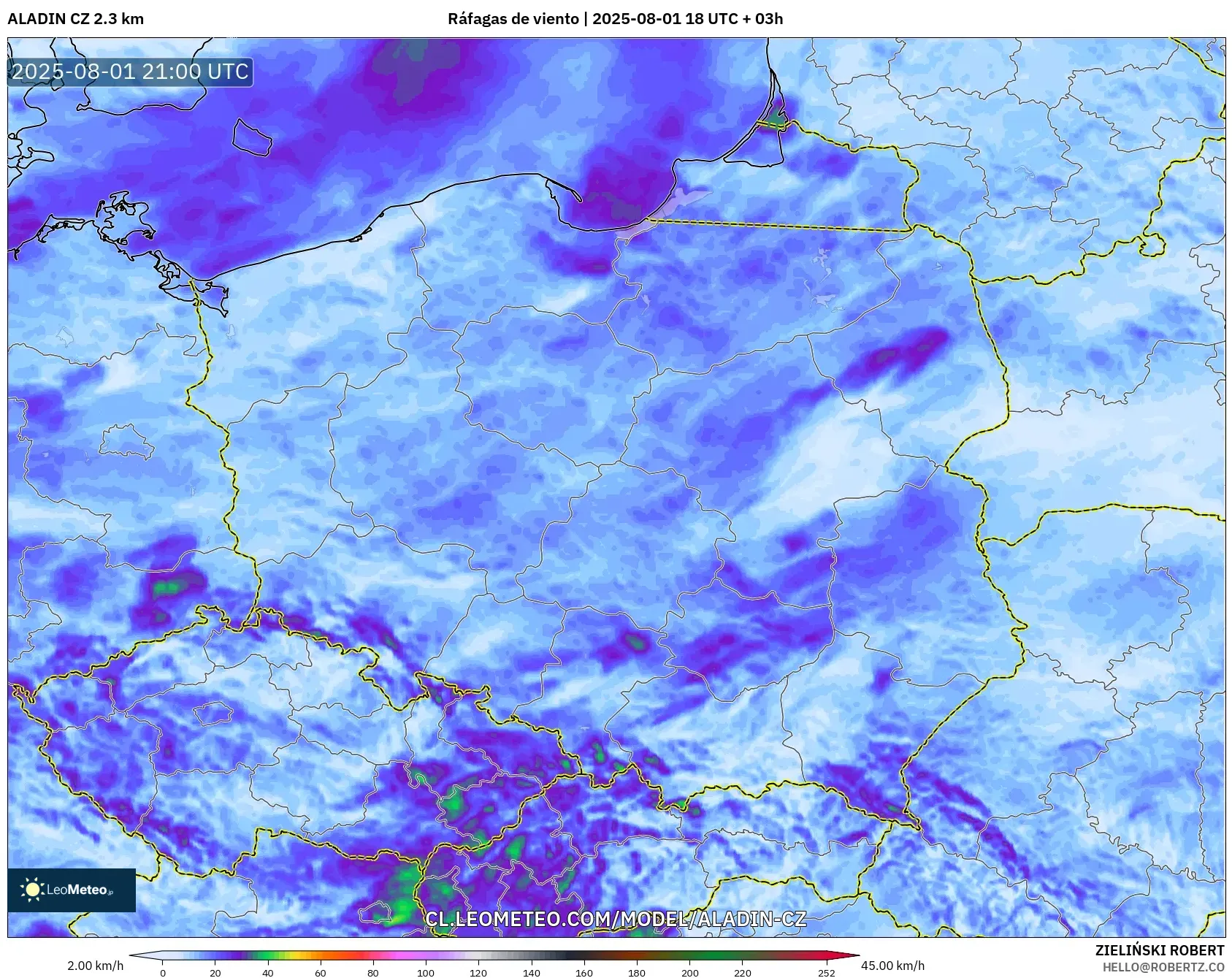 ALADIN CZ 2.3 km model - Polonia, Ráfagas de viento ALADIN CZ 2.3 km model - Polonia, Ráfagas de viento