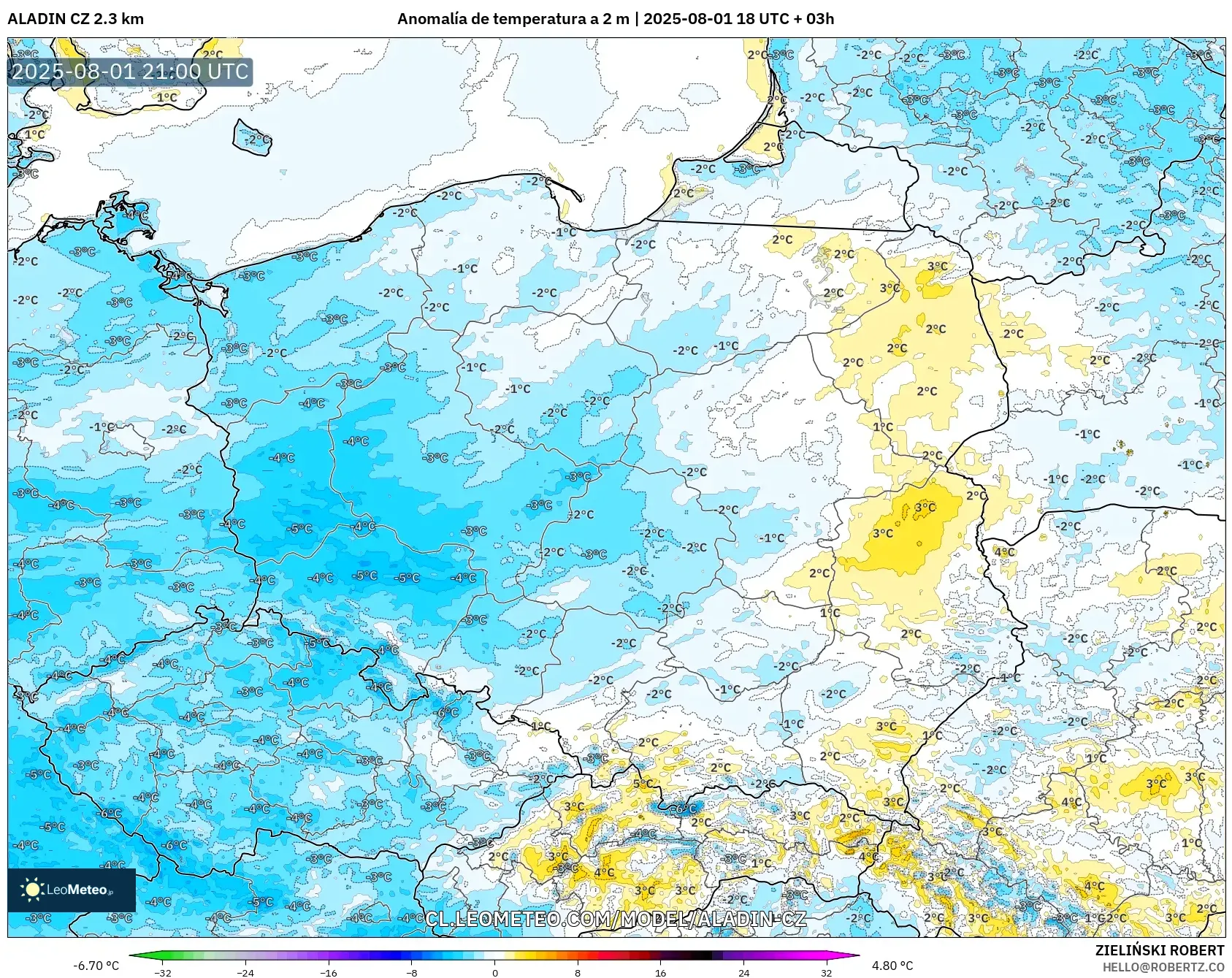 ALADIN CZ 2.3 km model - Polonia, Anomalía de temperatura a 2 m ALADIN CZ 2.3 km model - Polonia, Anomalía de temperatura a 2 m