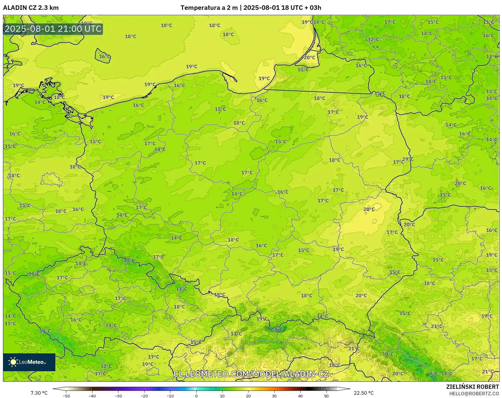 ALADIN CZ 2.3 km model - Polonia, Temperatura a 2 m ALADIN CZ 2.3 km model - Polonia, Temperatura a 2 m