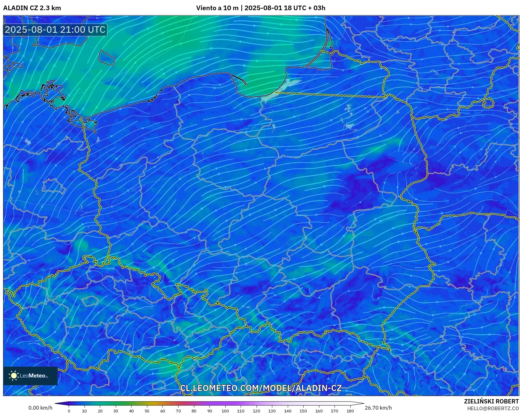 ALADIN CZ 2.3 km model - Polonia, Viento a 10 m ALADIN CZ 2.3 km model - Polonia, Viento a 10 m