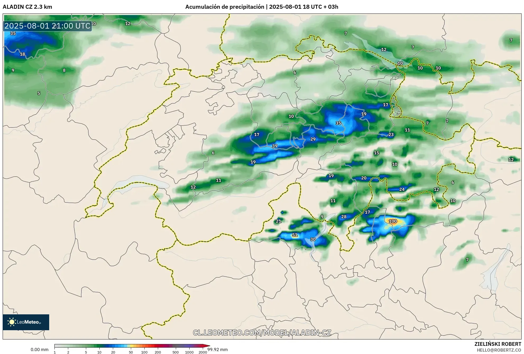 ALADIN CZ 2.3 km model - Suiza, Acumulación de precipitación ALADIN CZ 2.3 km model - Suiza, Acumulación de precipitación