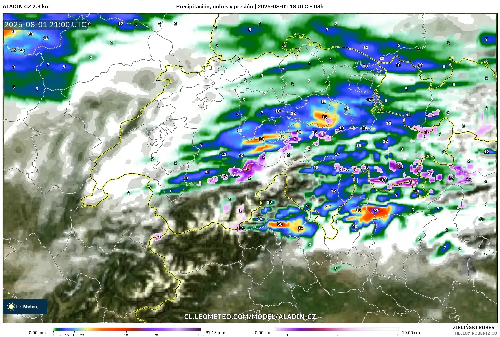 ALADIN CZ 2.3 km model - Suiza, Precipitación, nubes y presión
