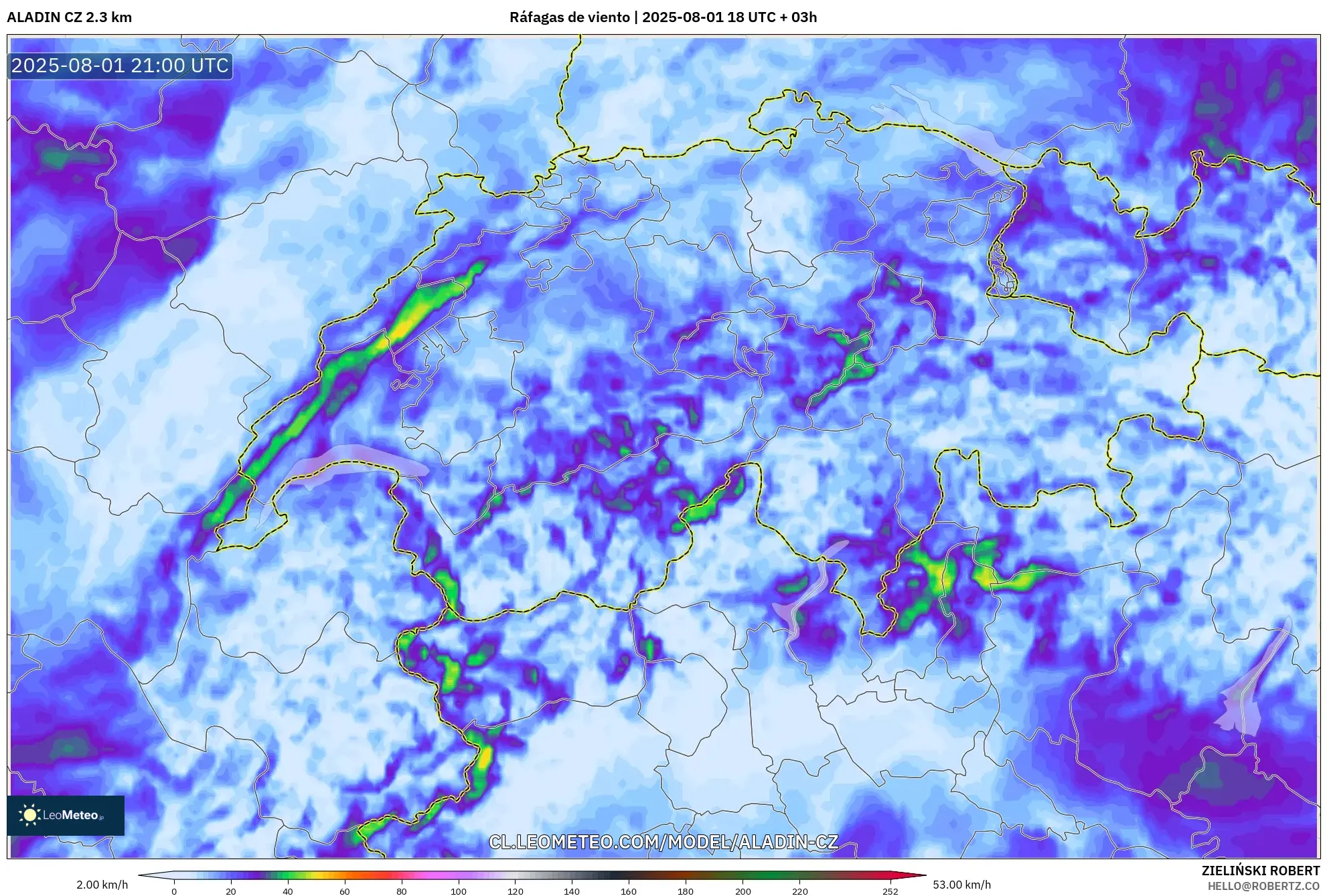 ALADIN CZ 2.3 km model - Suiza, Ráfagas de viento ALADIN CZ 2.3 km model - Suiza, Ráfagas de viento