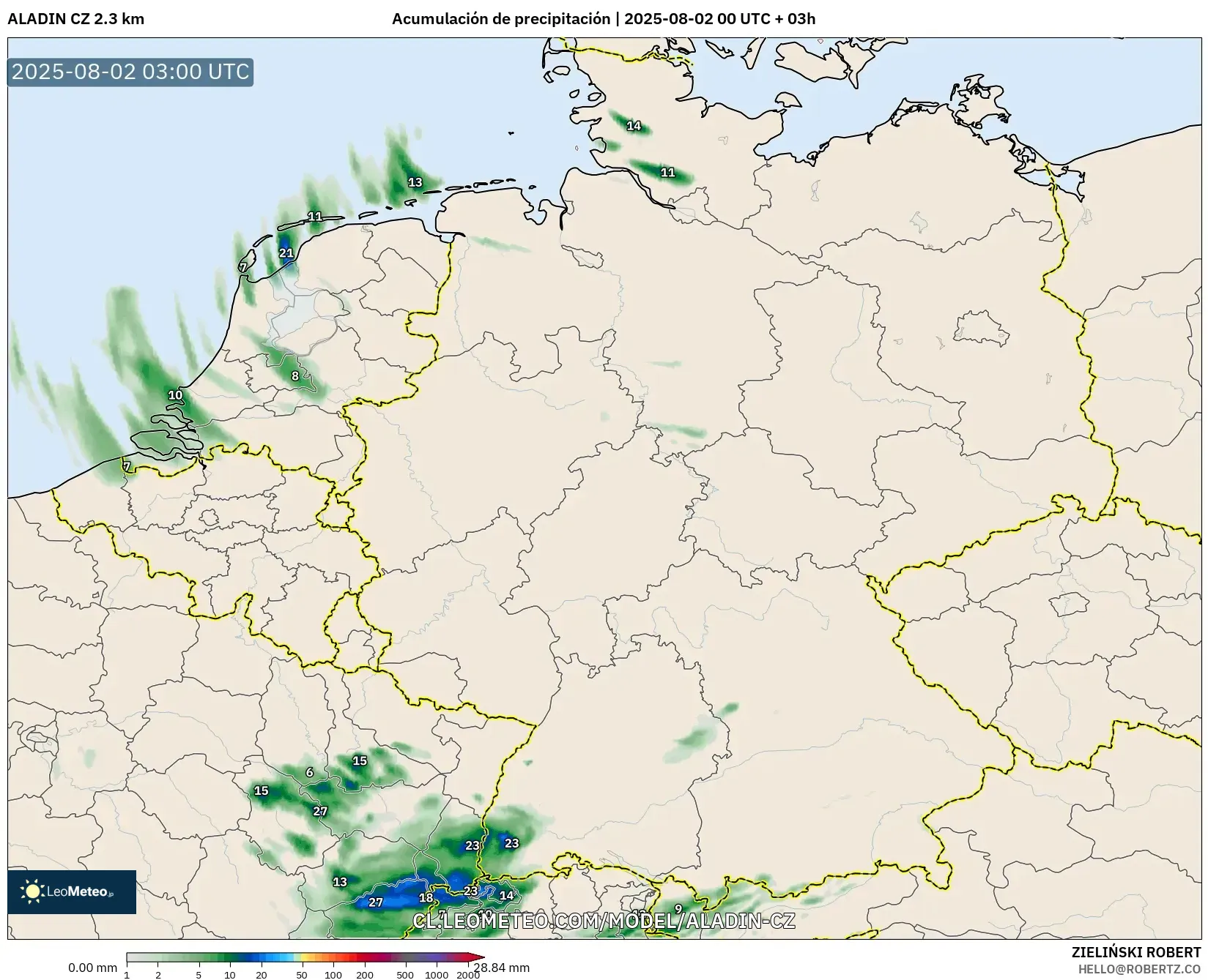 ALADIN CZ 2.3 km model - Alemania, Acumulación de precipitación ALADIN CZ 2.3 km model - Alemania, Acumulación de precipitación