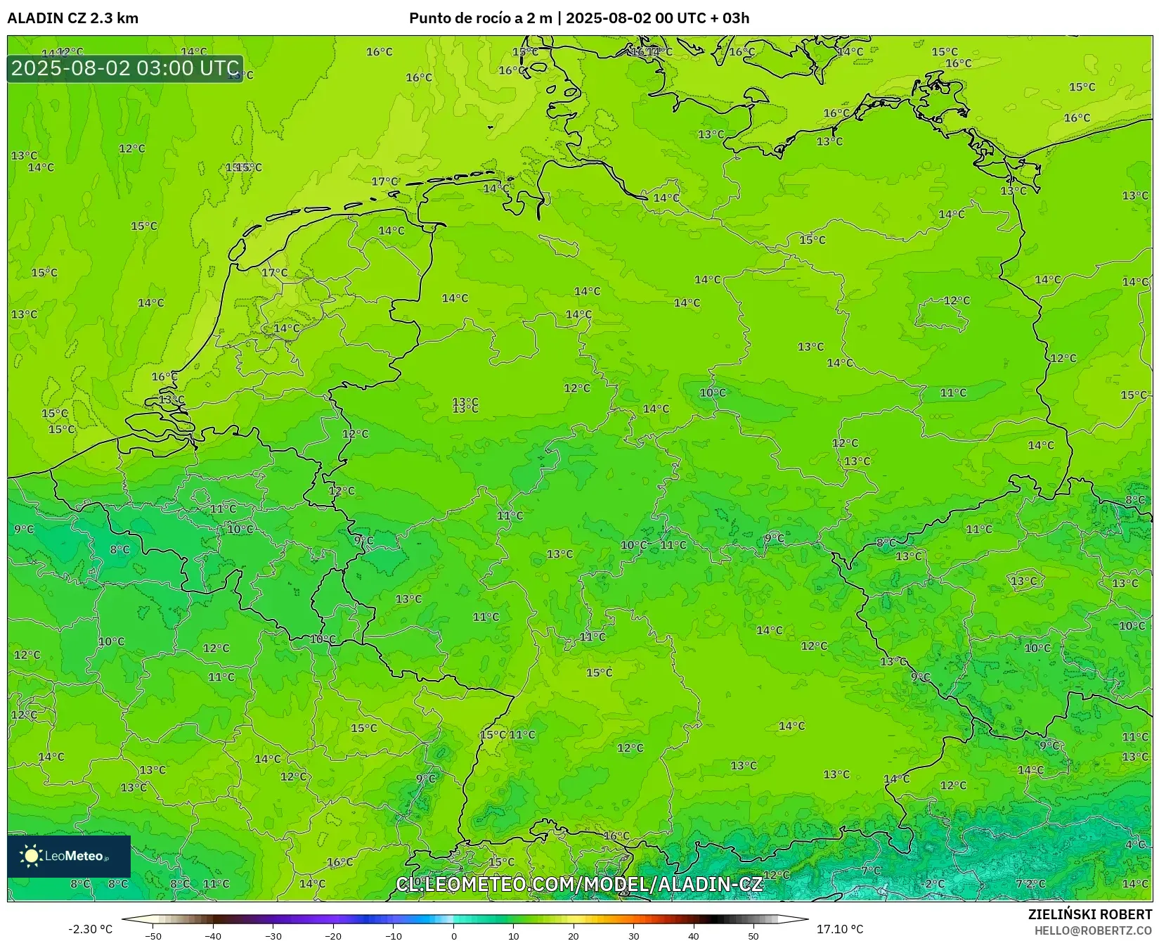 ALADIN CZ 2.3 km model - Alemania, Punto de rocío a 2 m ALADIN CZ 2.3 km model - Alemania, Punto de rocío a 2 m