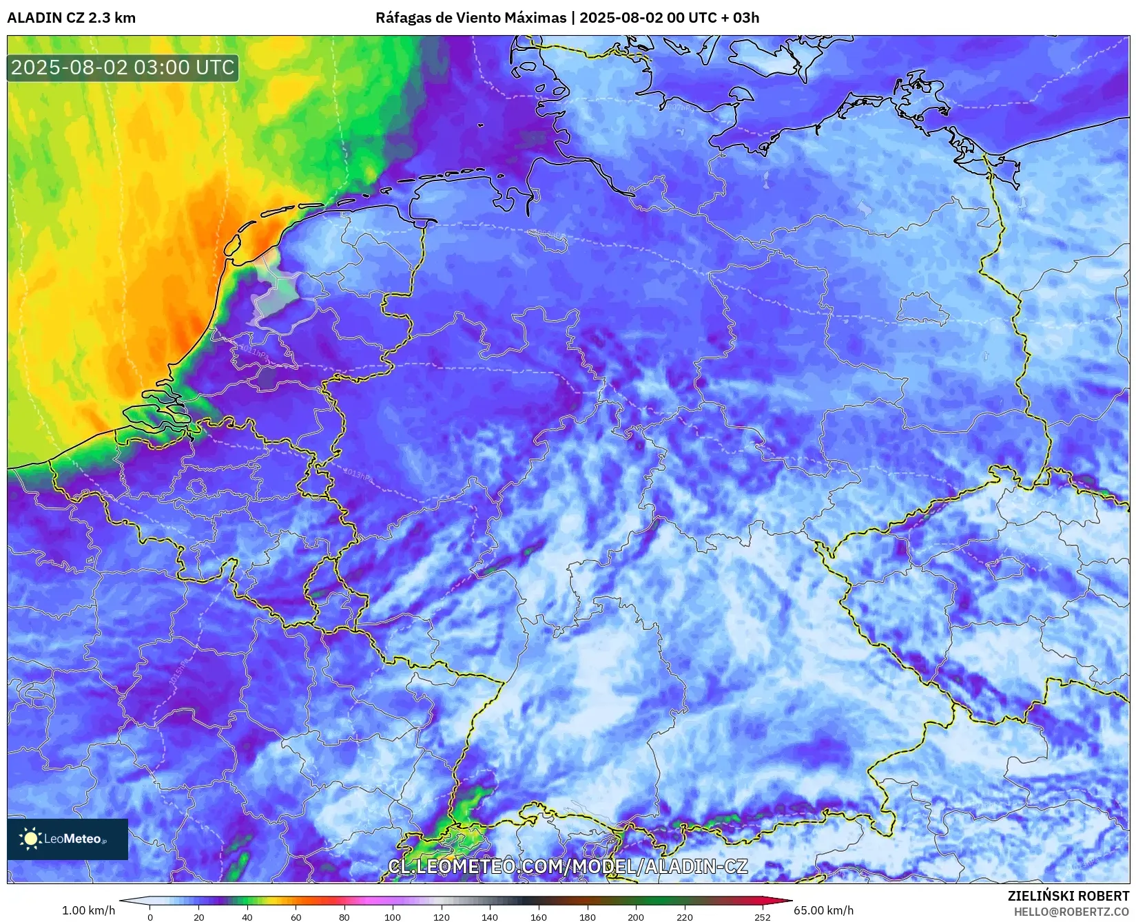 ALADIN CZ 2.3 km model - Alemania, Ráfagas de Viento Máximas