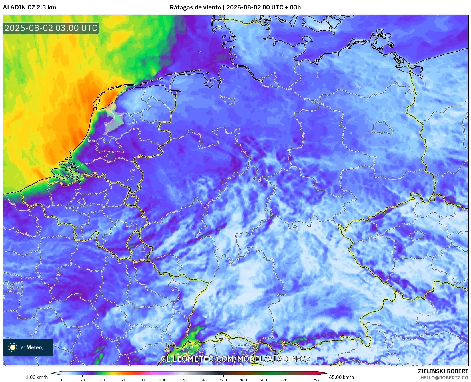 ALADIN CZ 2.3 km model - Alemania, Ráfagas de viento ALADIN CZ 2.3 km model - Alemania, Ráfagas de viento