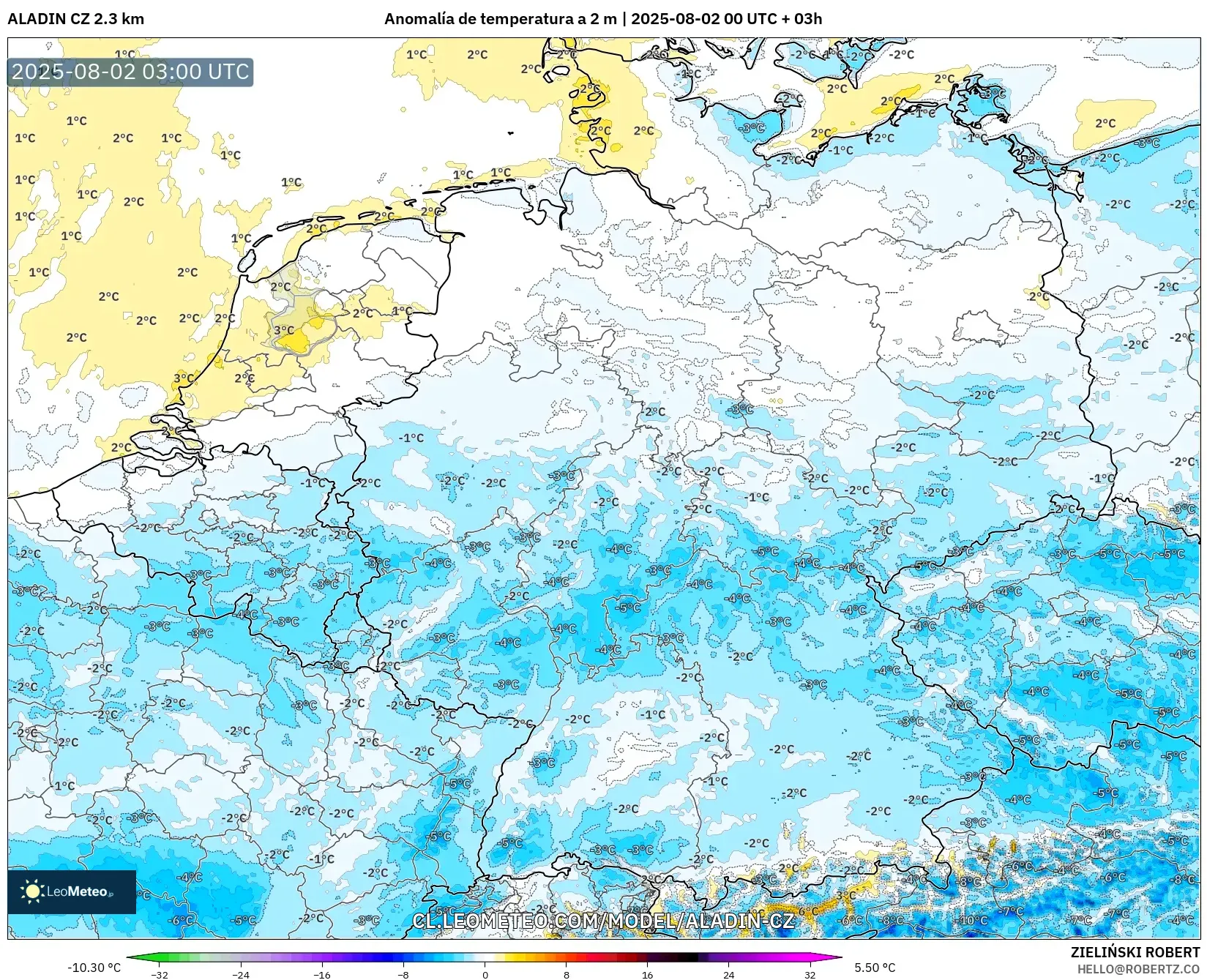 ALADIN CZ 2.3 km model - Alemania, Anomalía de temperatura a 2 m ALADIN CZ 2.3 km model - Alemania, Anomalía de temperatura a 2 m