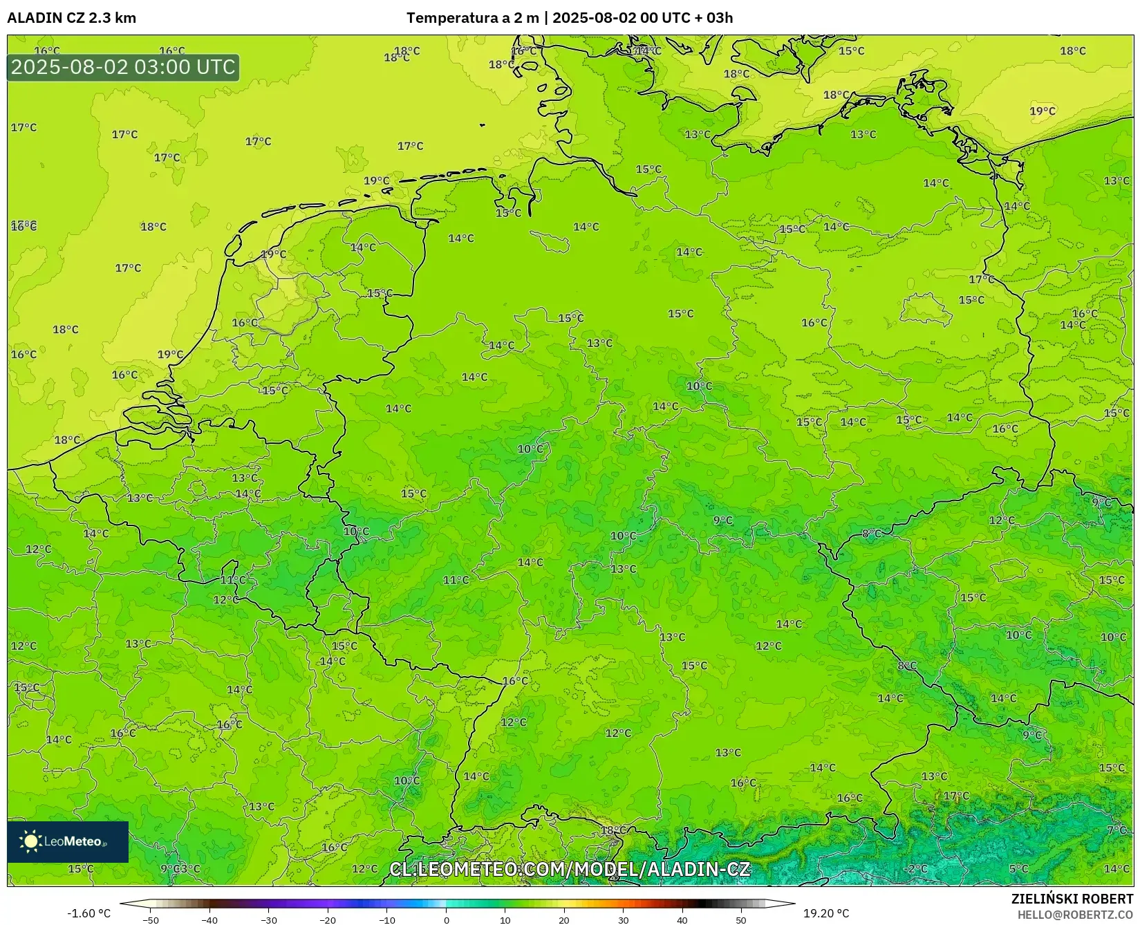 ALADIN CZ 2.3 km model - Alemania, Temperatura a 2 m