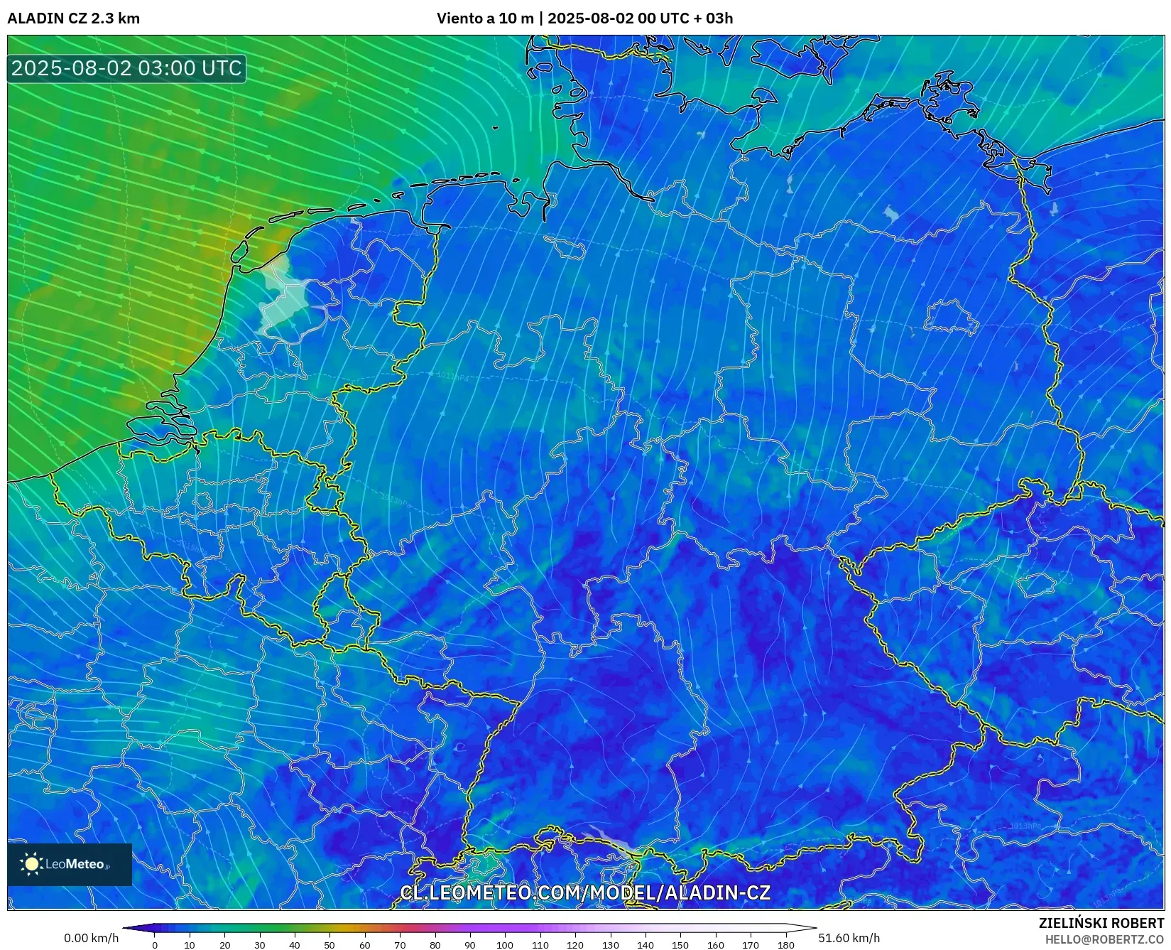 ALADIN CZ 2.3 km model - Alemania, Viento a 10 m ALADIN CZ 2.3 km model - Alemania, Viento a 10 m