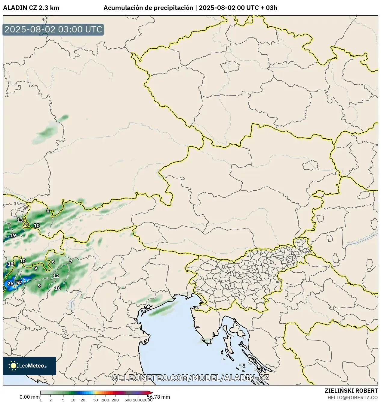 ALADIN CZ 2.3 km model - Austria, Acumulación de precipitación