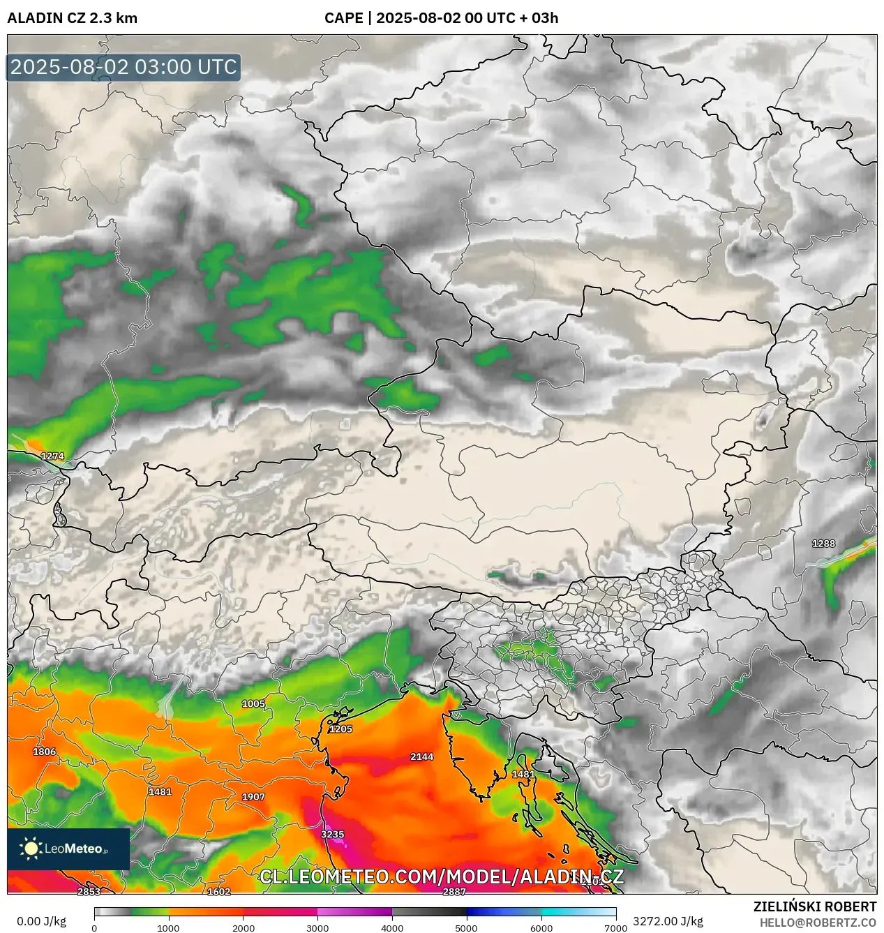 ALADIN CZ 2.3 km model - Austria, CAPE ALADIN CZ 2.3 km model - Austria, CAPE