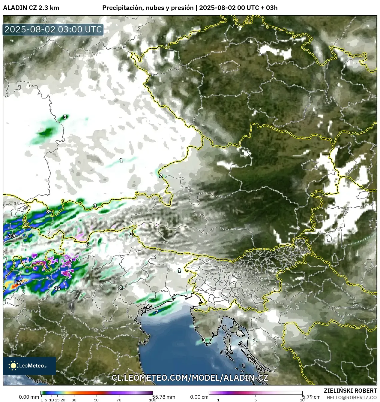 ALADIN CZ 2.3 km model - Austria, Precipitación, nubes y presión ALADIN CZ 2.3 km model - Austria, Precipitación, nubes y presión