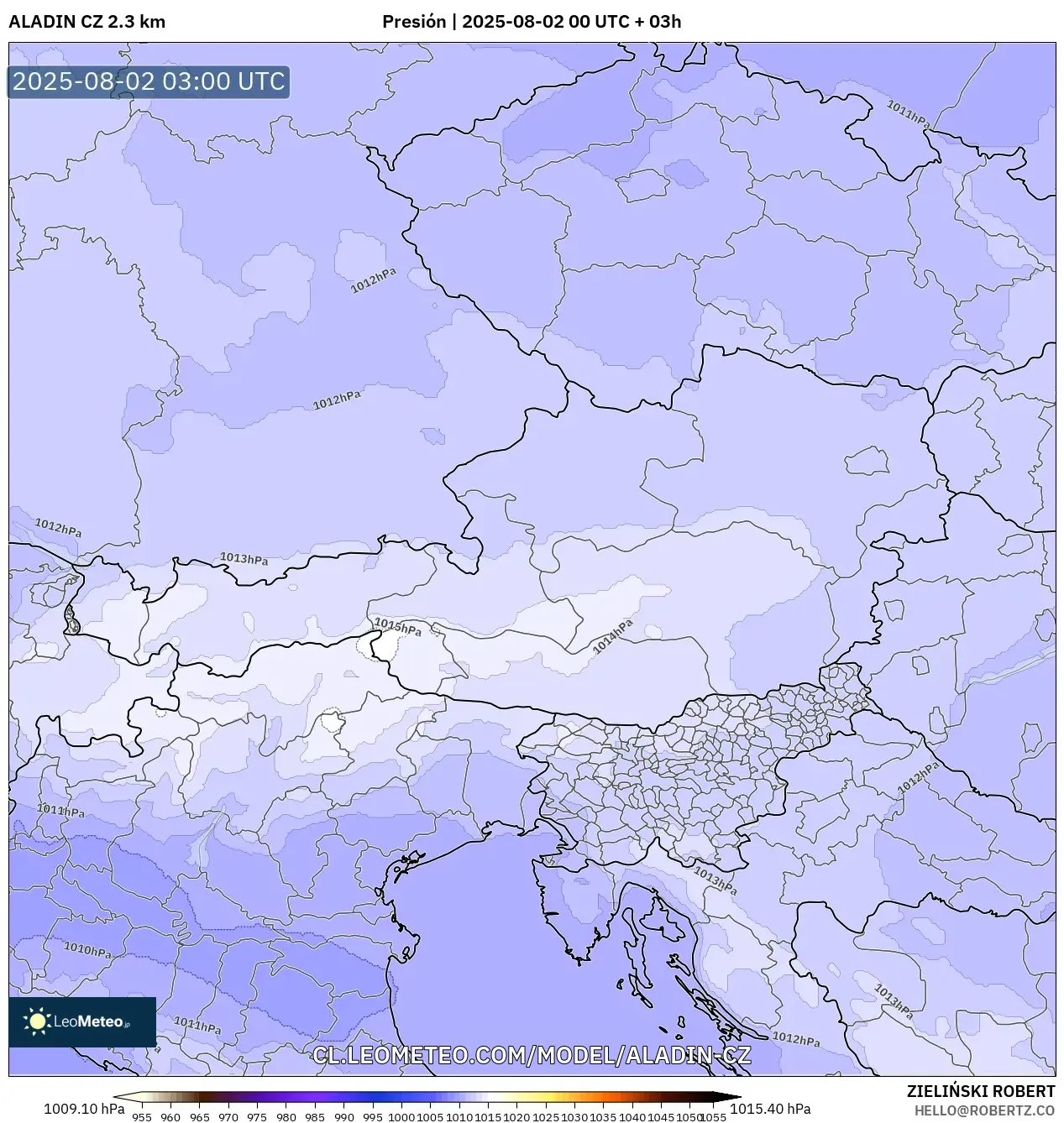 ALADIN CZ 2.3 km model - Austria, Presión ALADIN CZ 2.3 km model - Austria, Presión