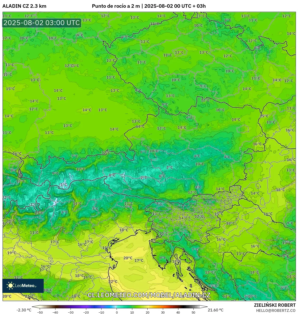 ALADIN CZ 2.3 km model - Austria, Punto de rocío a 2 m ALADIN CZ 2.3 km model - Austria, Punto de rocío a 2 m