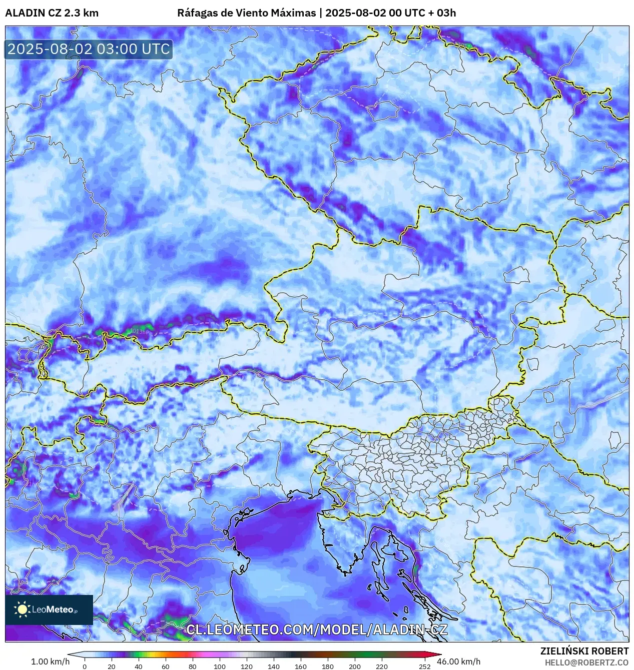 ALADIN CZ 2.3 km model - Austria, Ráfagas de Viento Máximas ALADIN CZ 2.3 km model - Austria, Ráfagas de Viento Máximas