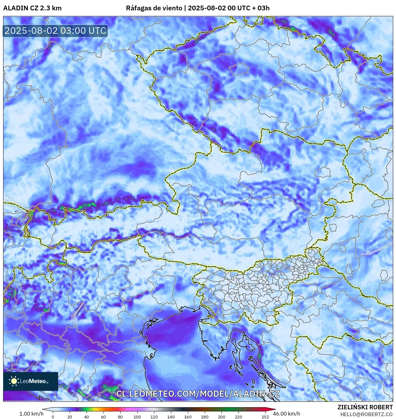 ALADIN CZ 2.3 km model - Austria, Ráfagas de viento ALADIN CZ 2.3 km model - Austria, Ráfagas de viento
