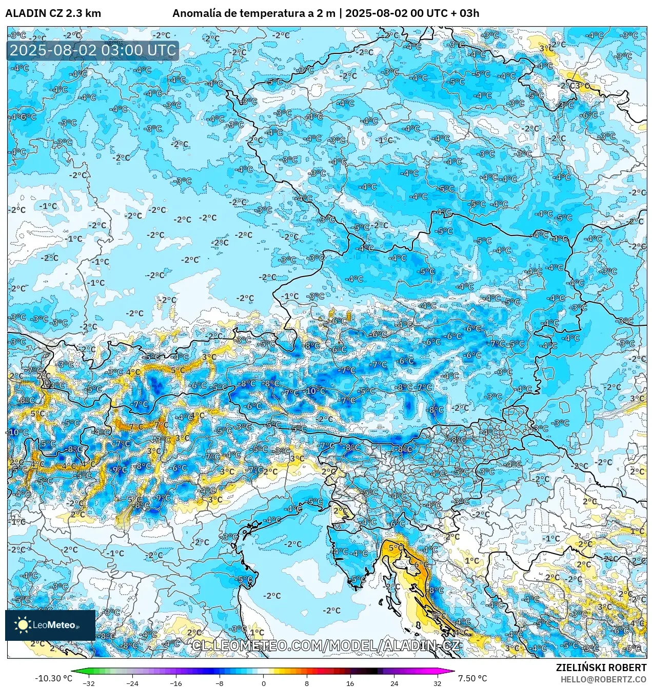 ALADIN CZ 2.3 km model - Austria, Anomalía de temperatura a 2 m ALADIN CZ 2.3 km model - Austria, Anomalía de temperatura a 2 m
