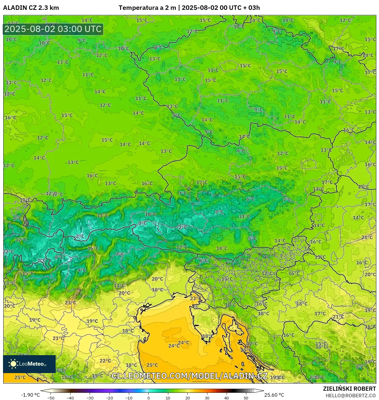 ALADIN CZ 2.3 km model - Austria, Temperatura a 2 m