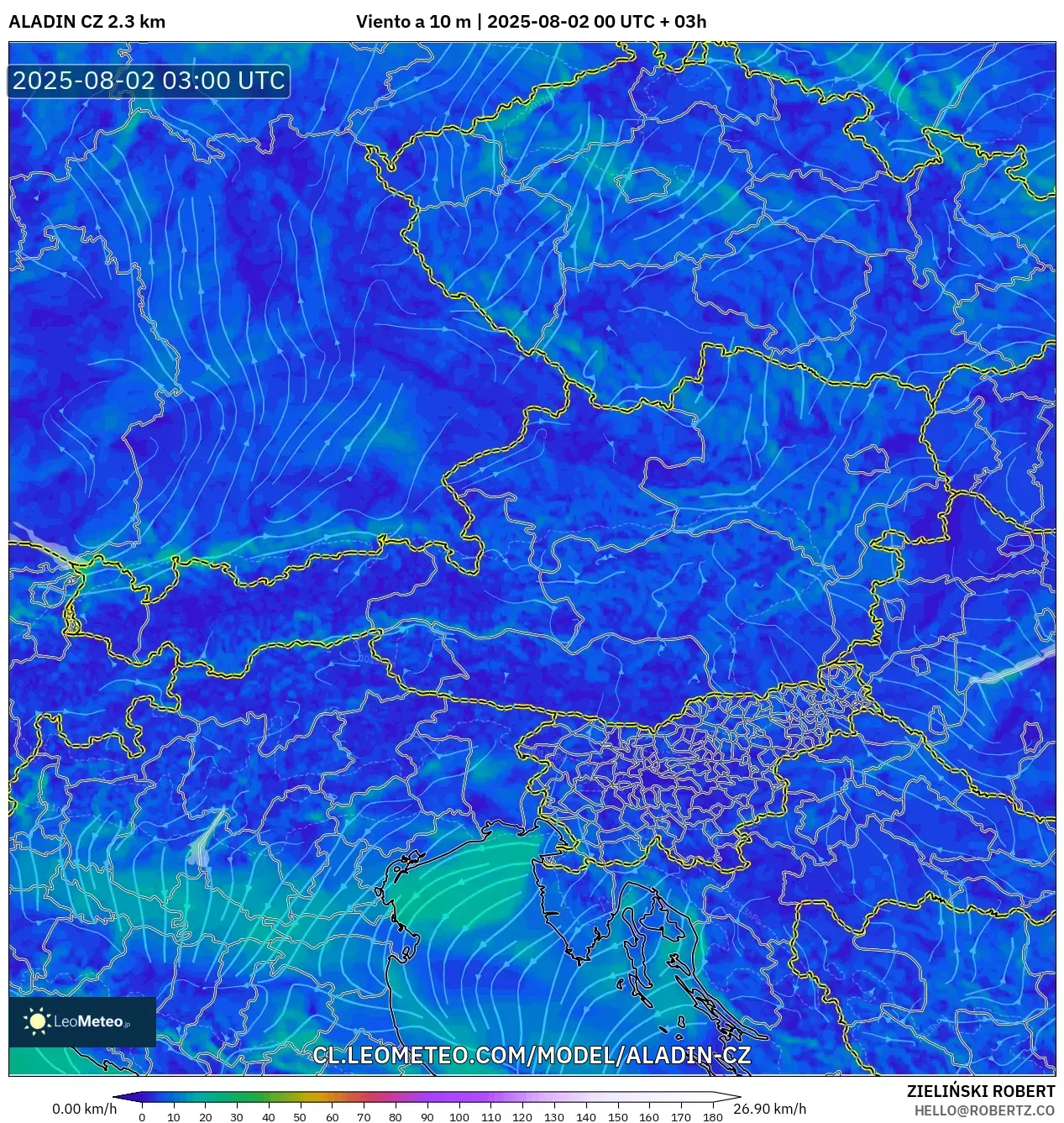 ALADIN CZ 2.3 km model - Austria, Viento a 10 m ALADIN CZ 2.3 km model - Austria, Viento a 10 m