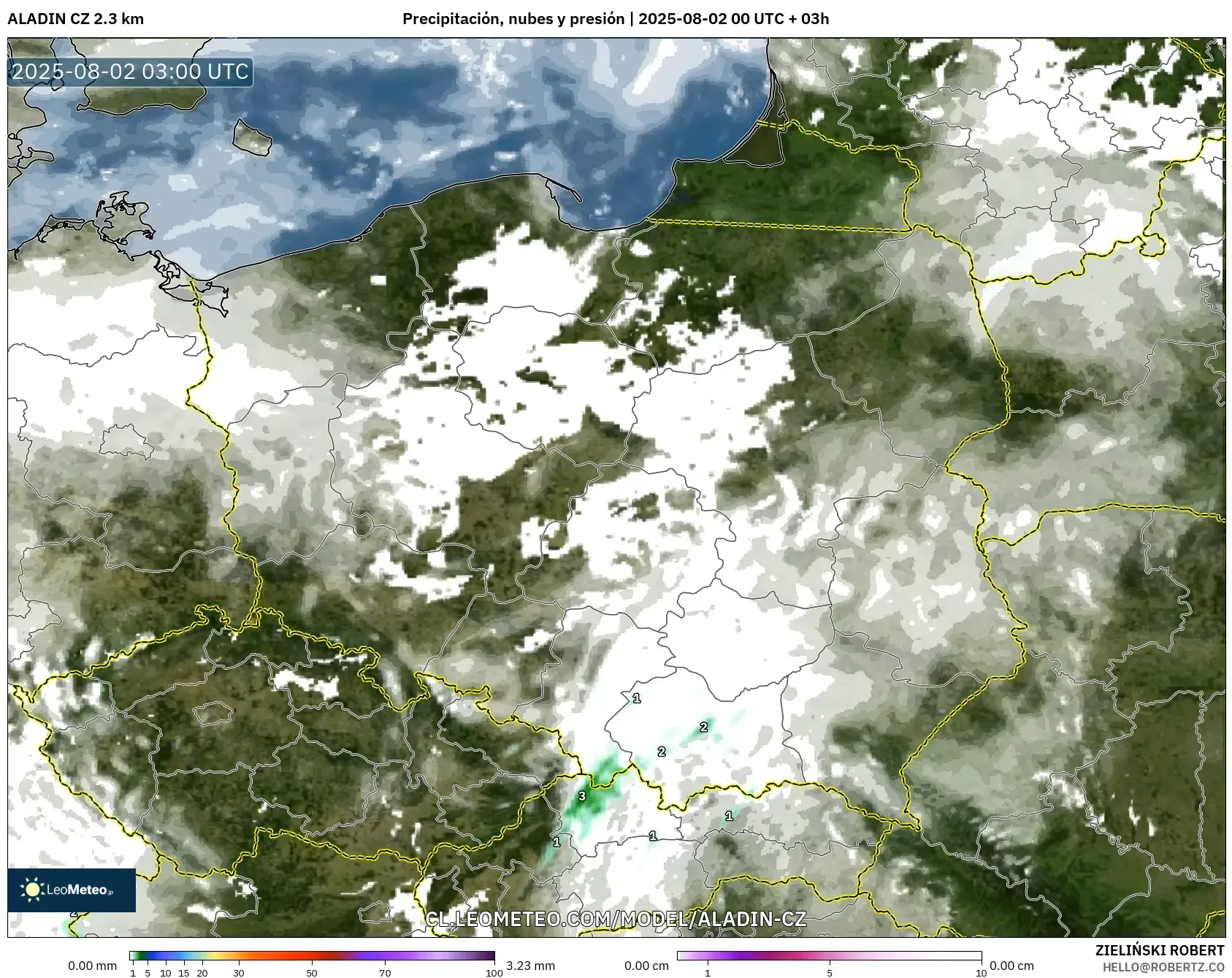 ALADIN CZ 2.3 km model - Polonia, Precipitación, nubes y presión