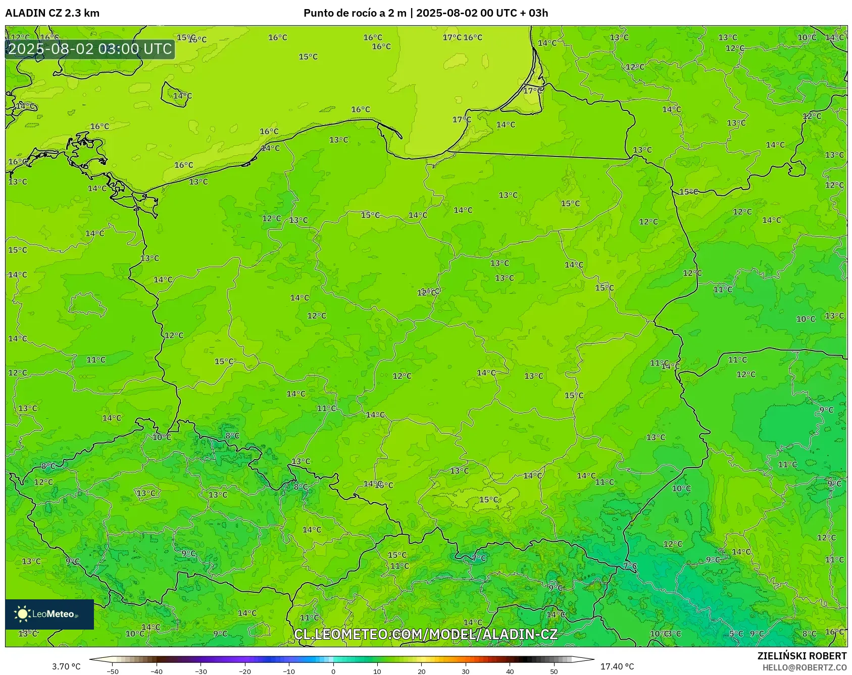 ALADIN CZ 2.3 km model - Polonia, Punto de rocío a 2 m