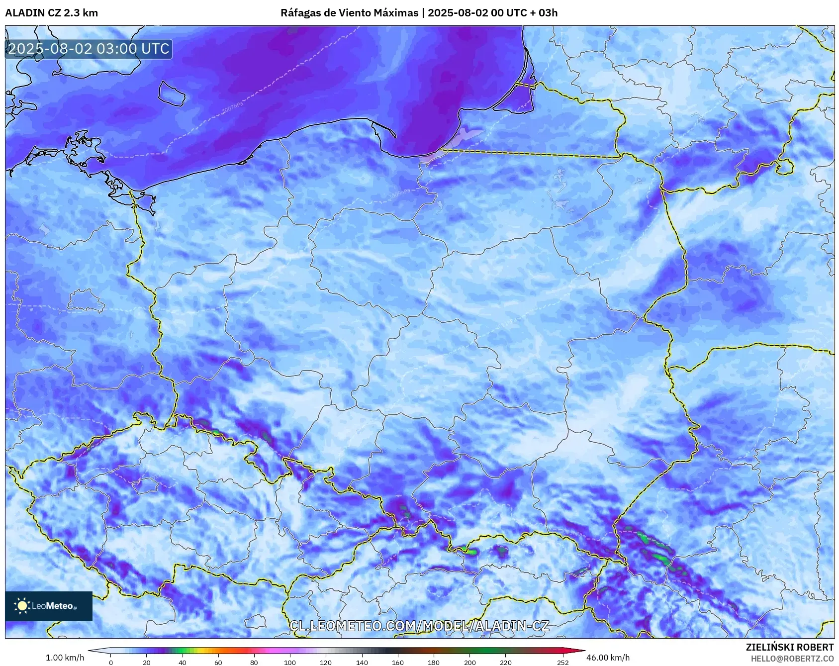 ALADIN CZ 2.3 km model - Polonia, Ráfagas de Viento Máximas ALADIN CZ 2.3 km model - Polonia, Ráfagas de Viento Máximas
