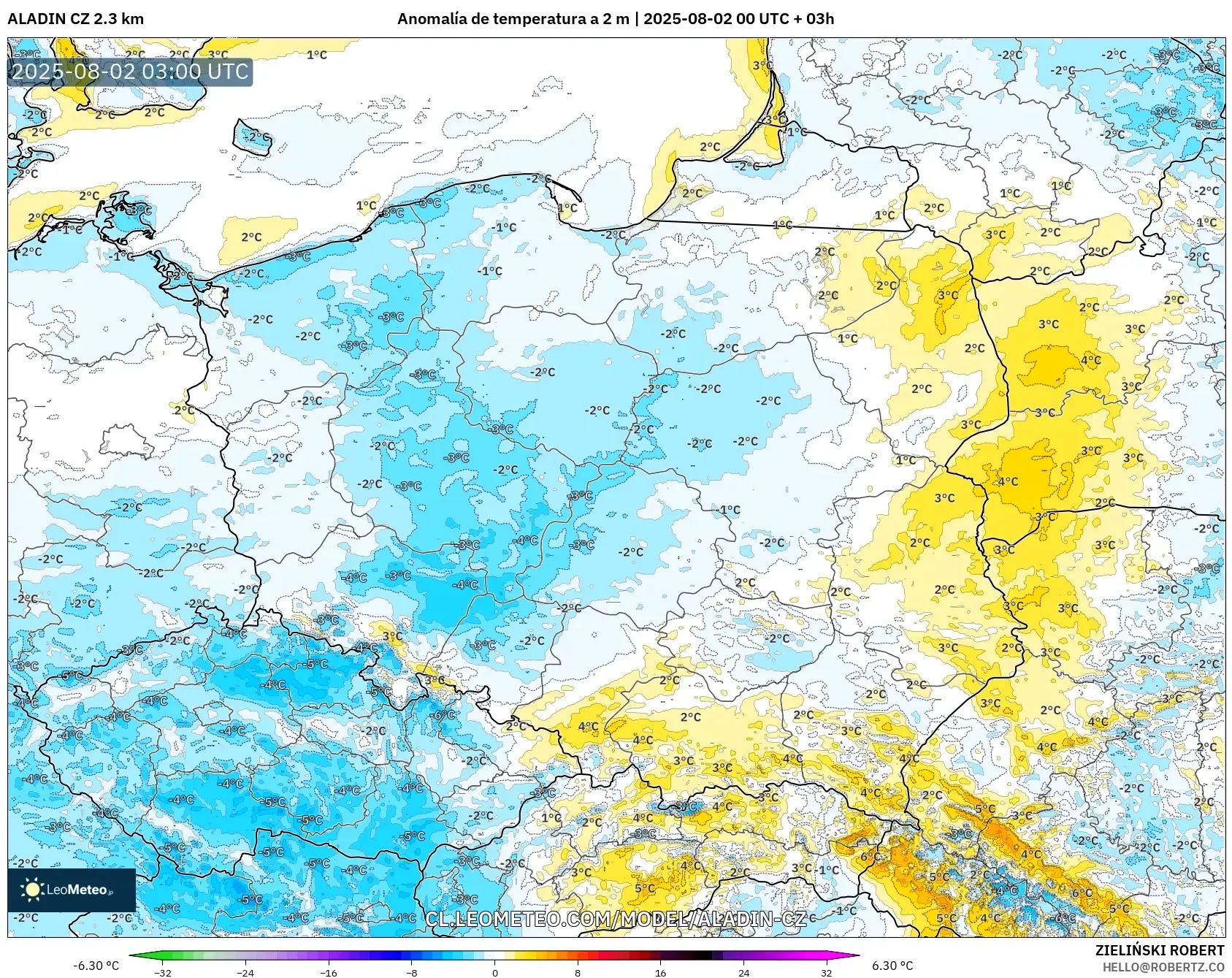 ALADIN CZ 2.3 km model - Polonia, Anomalía de temperatura a 2 m ALADIN CZ 2.3 km model - Polonia, Anomalía de temperatura a 2 m