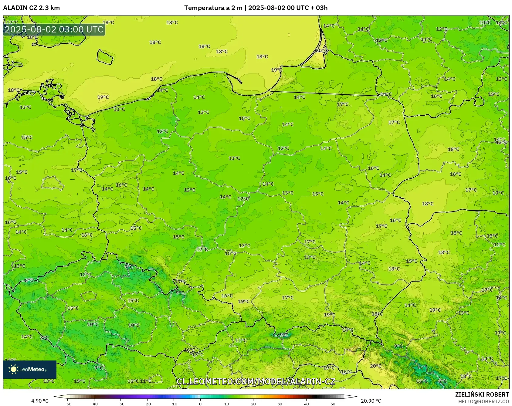 ALADIN CZ 2.3 km model - Polonia, Temperatura a 2 m ALADIN CZ 2.3 km model - Polonia, Temperatura a 2 m
