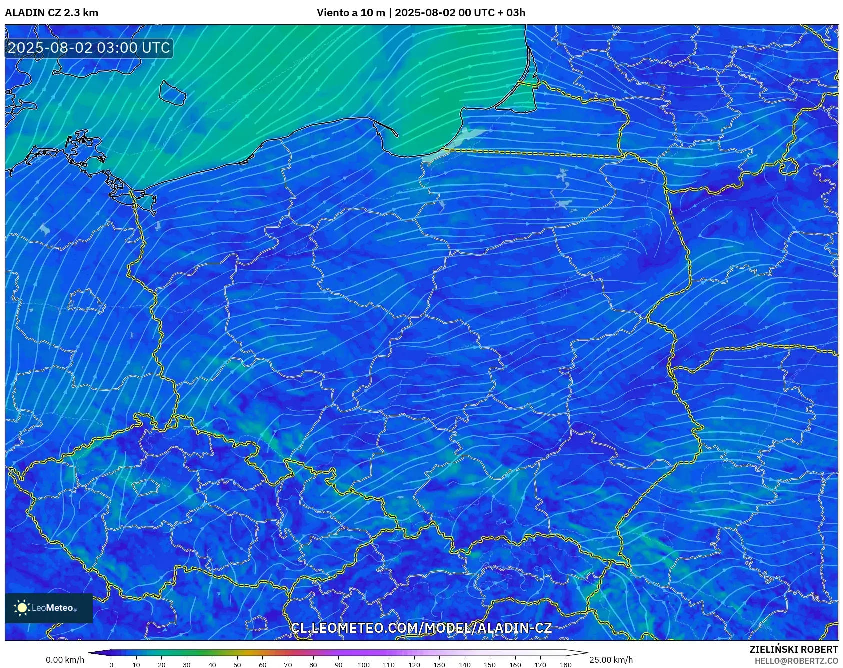 ALADIN CZ 2.3 km model - Polonia, Viento a 10 m ALADIN CZ 2.3 km model - Polonia, Viento a 10 m