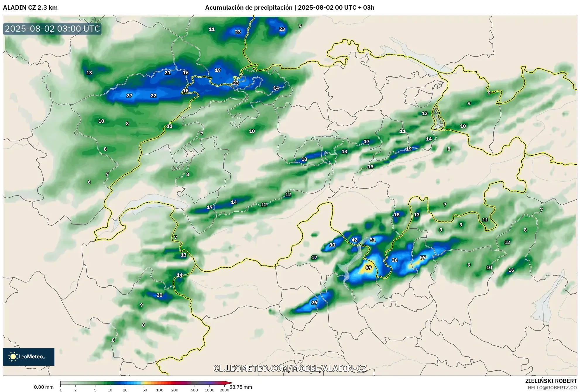 ALADIN CZ 2.3 km model - Suiza, Acumulación de precipitación ALADIN CZ 2.3 km model - Suiza, Acumulación de precipitación