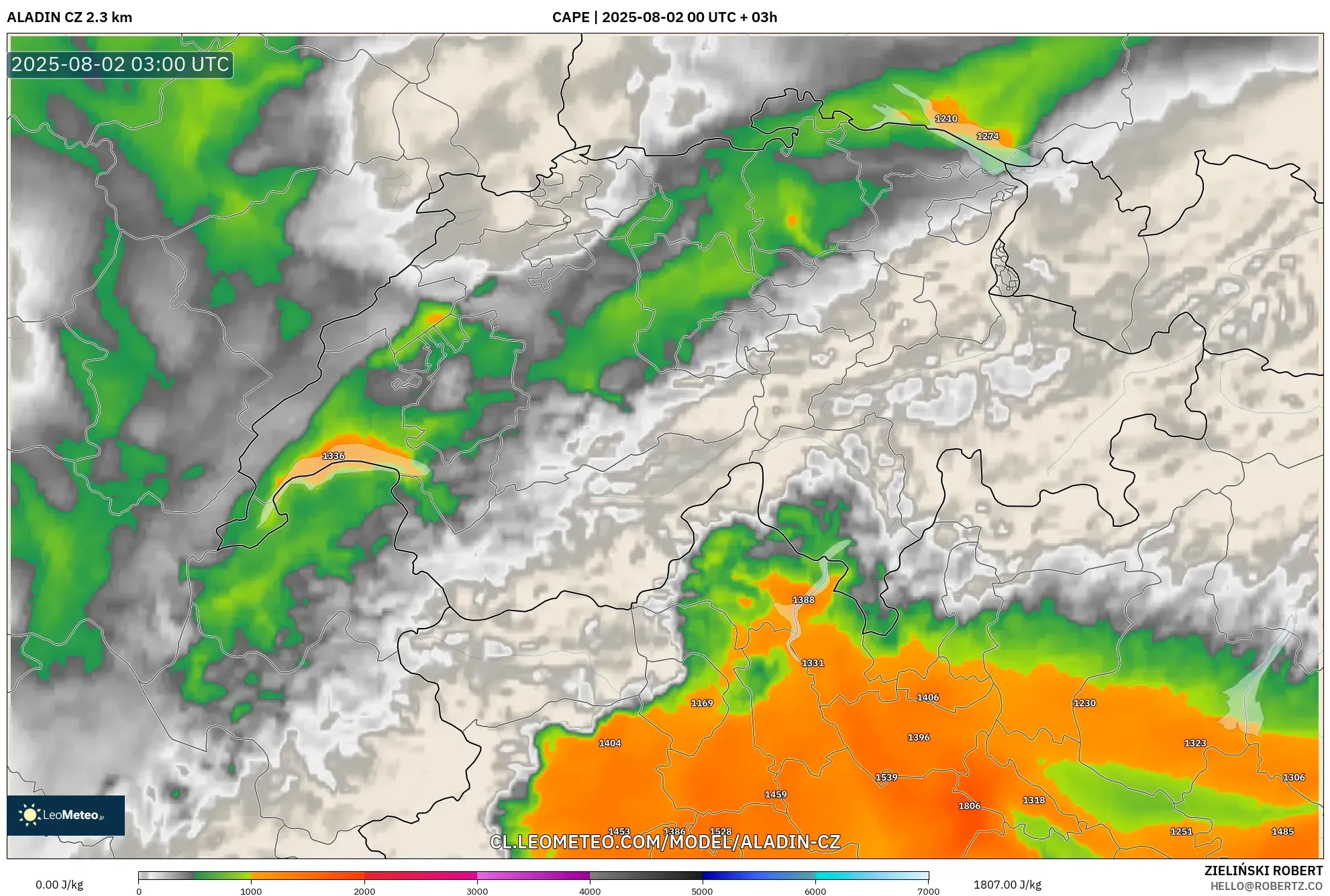 ALADIN CZ 2.3 km model - Suiza, CAPE ALADIN CZ 2.3 km model - Suiza, CAPE