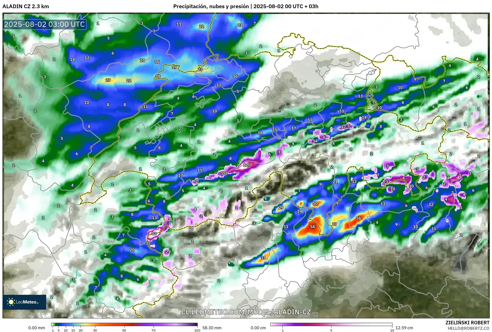 ALADIN CZ 2.3 km model - Suiza, Precipitación, nubes y presión ALADIN CZ 2.3 km model - Suiza, Precipitación, nubes y presión