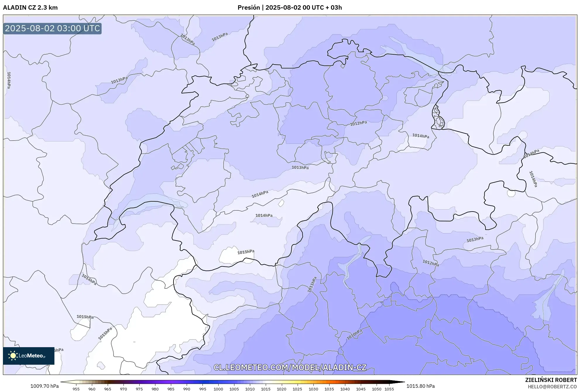 ALADIN CZ 2.3 km model - Suiza, Presión ALADIN CZ 2.3 km model - Suiza, Presión