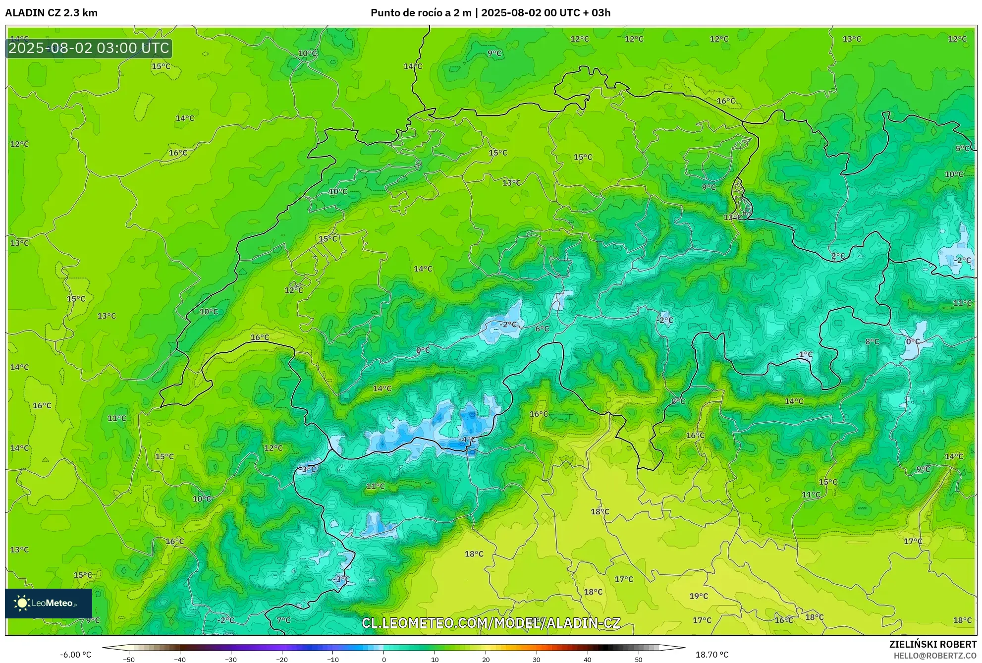 ALADIN CZ 2.3 km model - Suiza, Punto de rocío a 2 m ALADIN CZ 2.3 km model - Suiza, Punto de rocío a 2 m