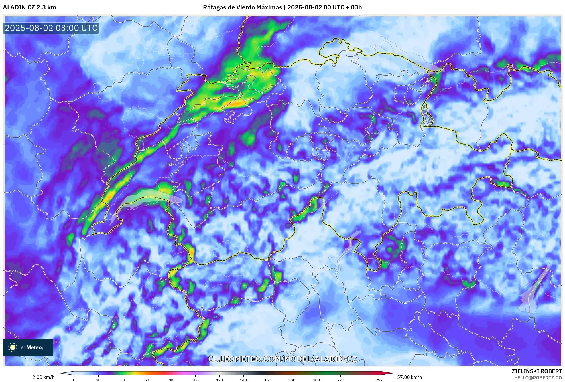 ALADIN CZ 2.3 km model - Suiza, Ráfagas de Viento Máximas ALADIN CZ 2.3 km model - Suiza, Ráfagas de Viento Máximas